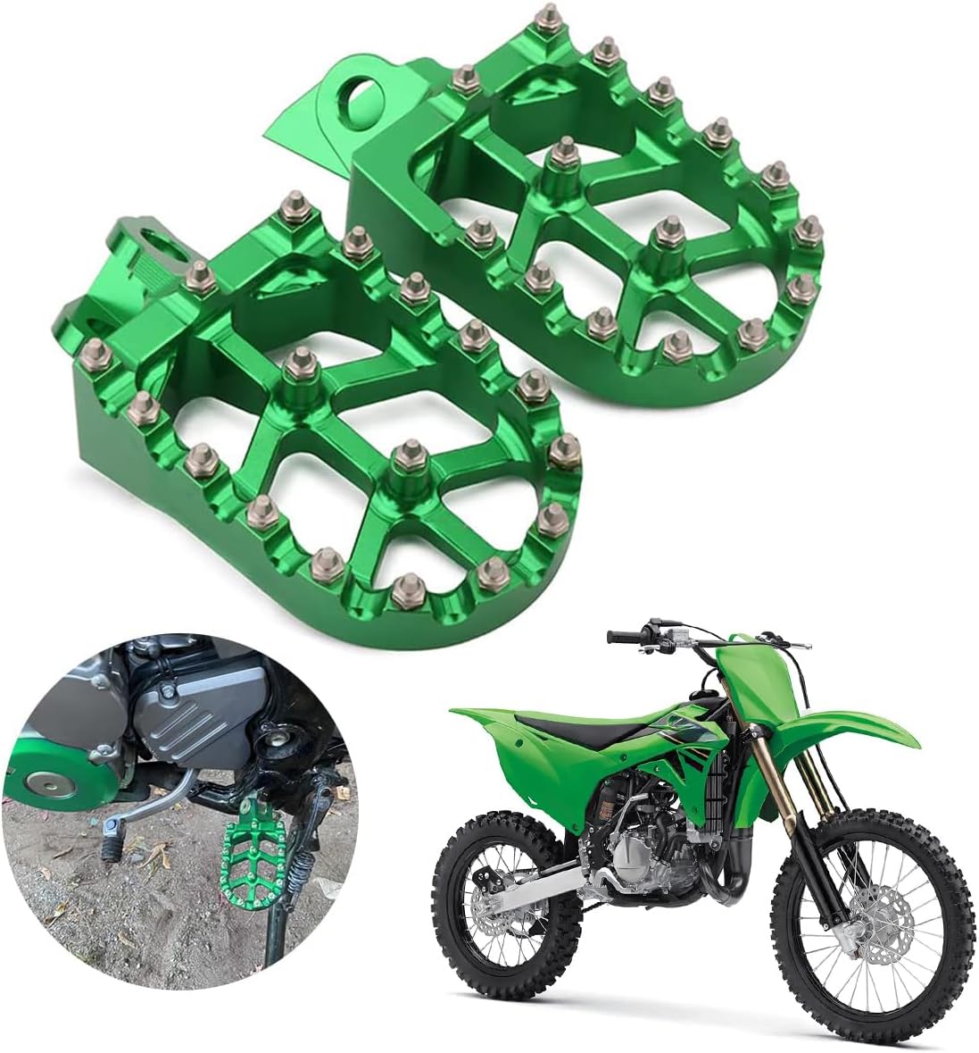 AnXin Dirt Bike Foot Pegs Wider Footpegs Foot Pedals Rests CNC for KX65 00-23 KX85 01-23 KLX 140 KLX140 08-23 KX100 98-21 KX112 22-23 KX80 Pit Bike Motorcycle Green