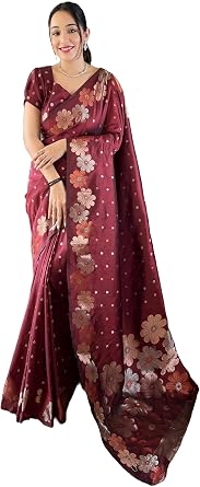 Soft Silk Flower Saree With Gold And Copper Weaving with unstitched blouse