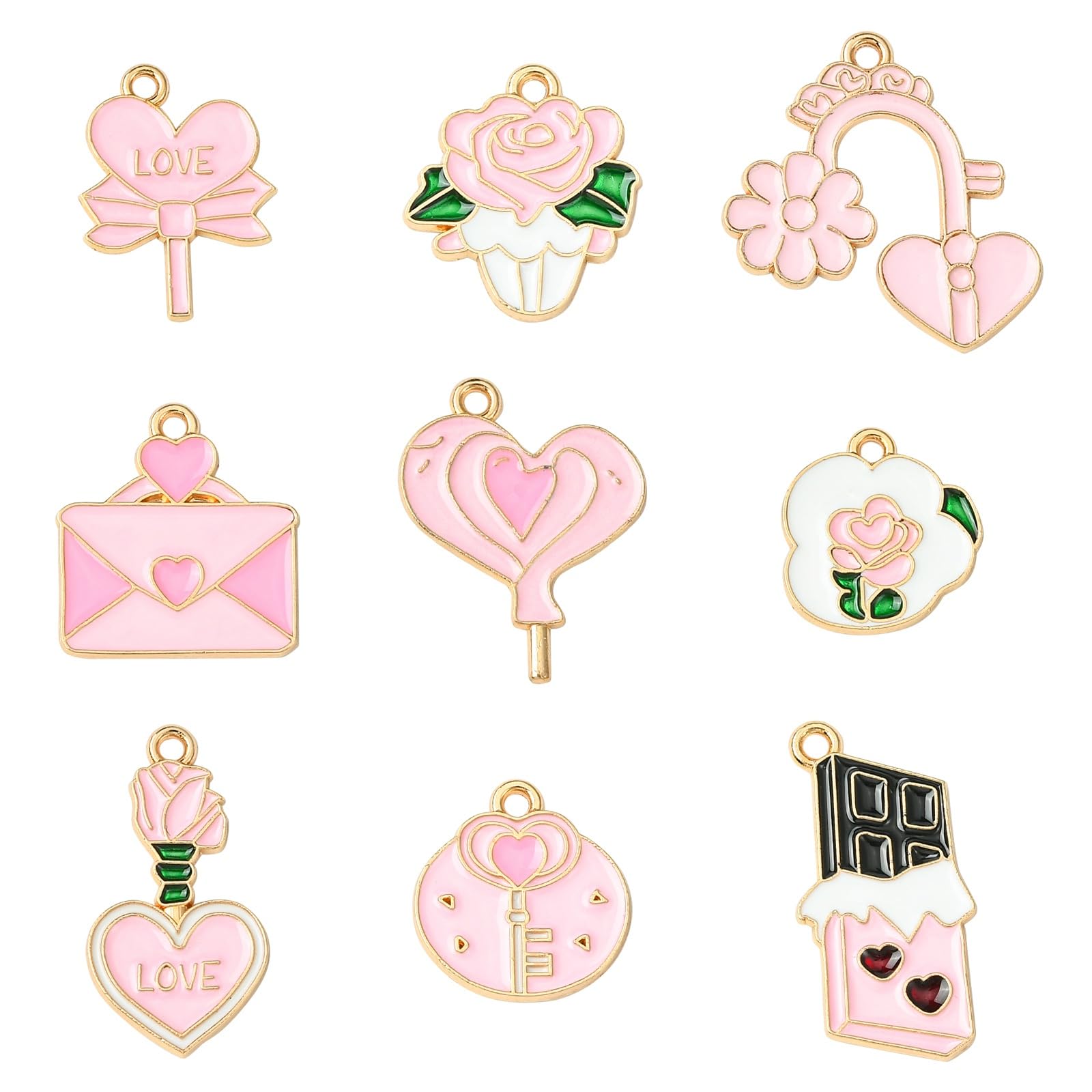 Stiesy 45Pcs 9 Styles Pink Charms for Jewellery Making Valentine's Day Enamel Charm Pendant Heart Chocolate Love Letter Key Flower Dangle Charms Bulk for DIY Date Necklace Bracelet Earring Presents