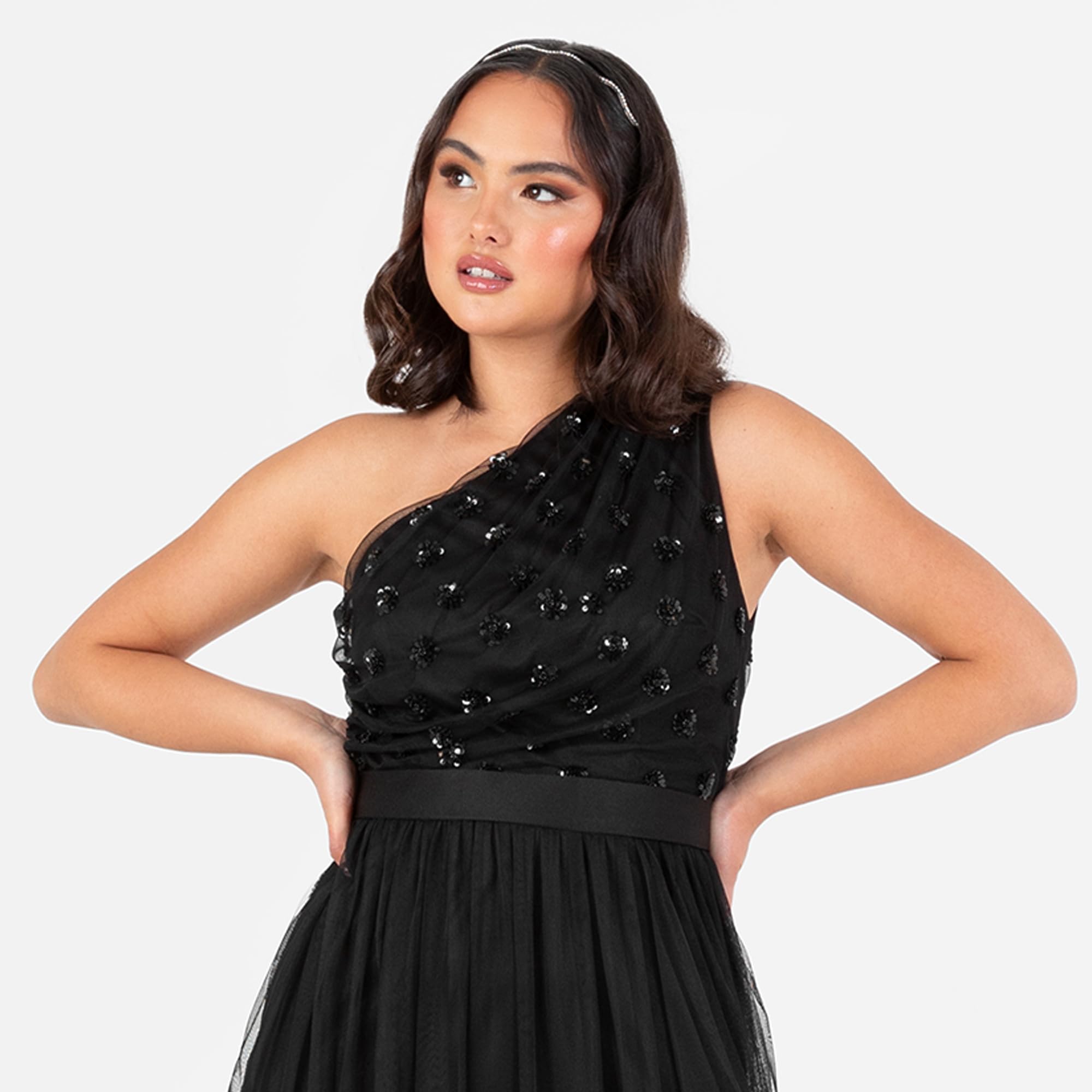Maya Deluxe Damen Women's Maxi Dress Ladies One Shoulder Sleeveless Floral Sequin Embellished Sash Tie Belt Tulle A-line Split Bridesmaid Dress (1er Pack)
