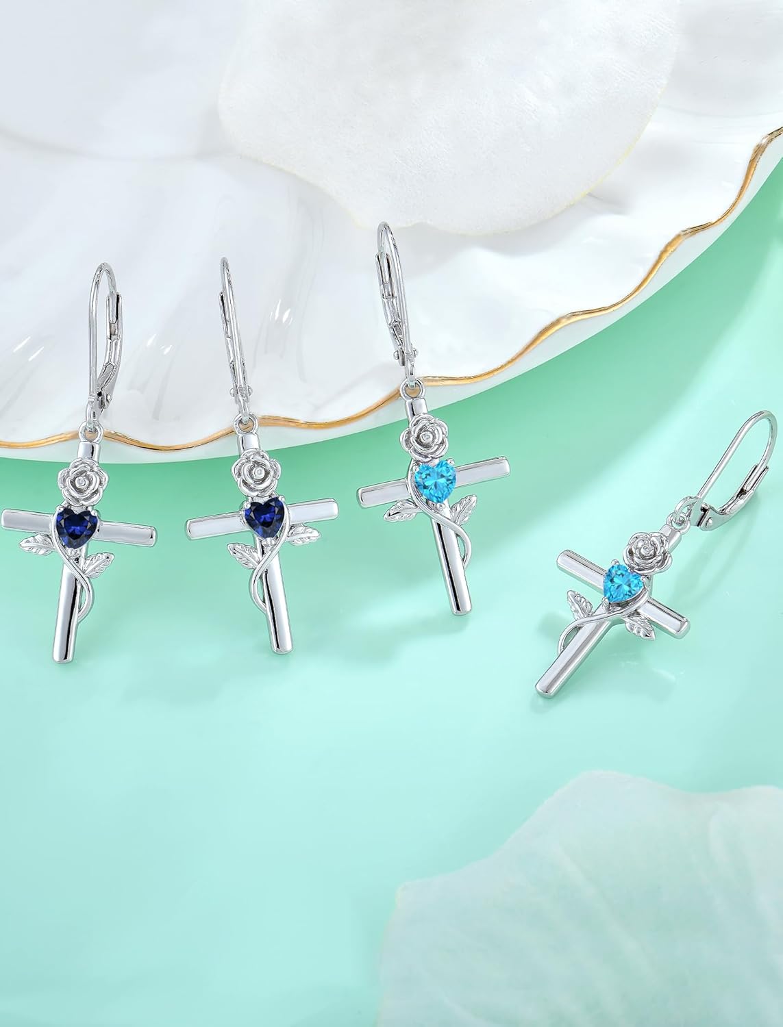 Sterling Silver Cross Earrings Rose Flower Dangle Earring Faith Religious Birthstone Jewelry for Women - Image 4