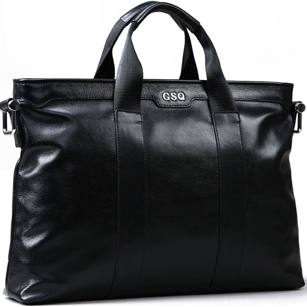 GSQ Mens Soft Genuine Leather Briefcase Laptop Shoulder Messenger Bag Fits 14 Inch Black