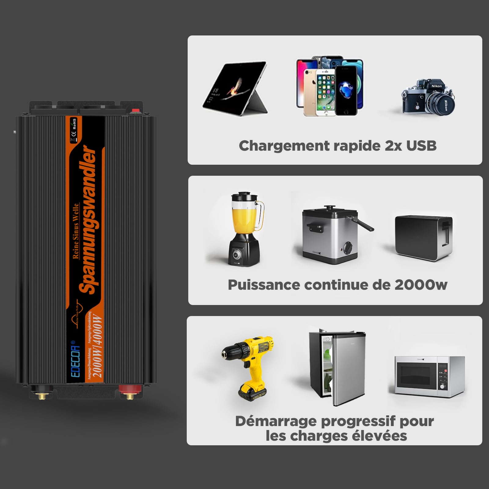 EDECOA Convertisseur 24v 220v Pur Sinus 2000w avec écran LCD 2X USB et télécommande Transformateur de Camion Onduleur 24v 230 Pur Sinus 2000w Convertisseur de Tension (3ème génération)