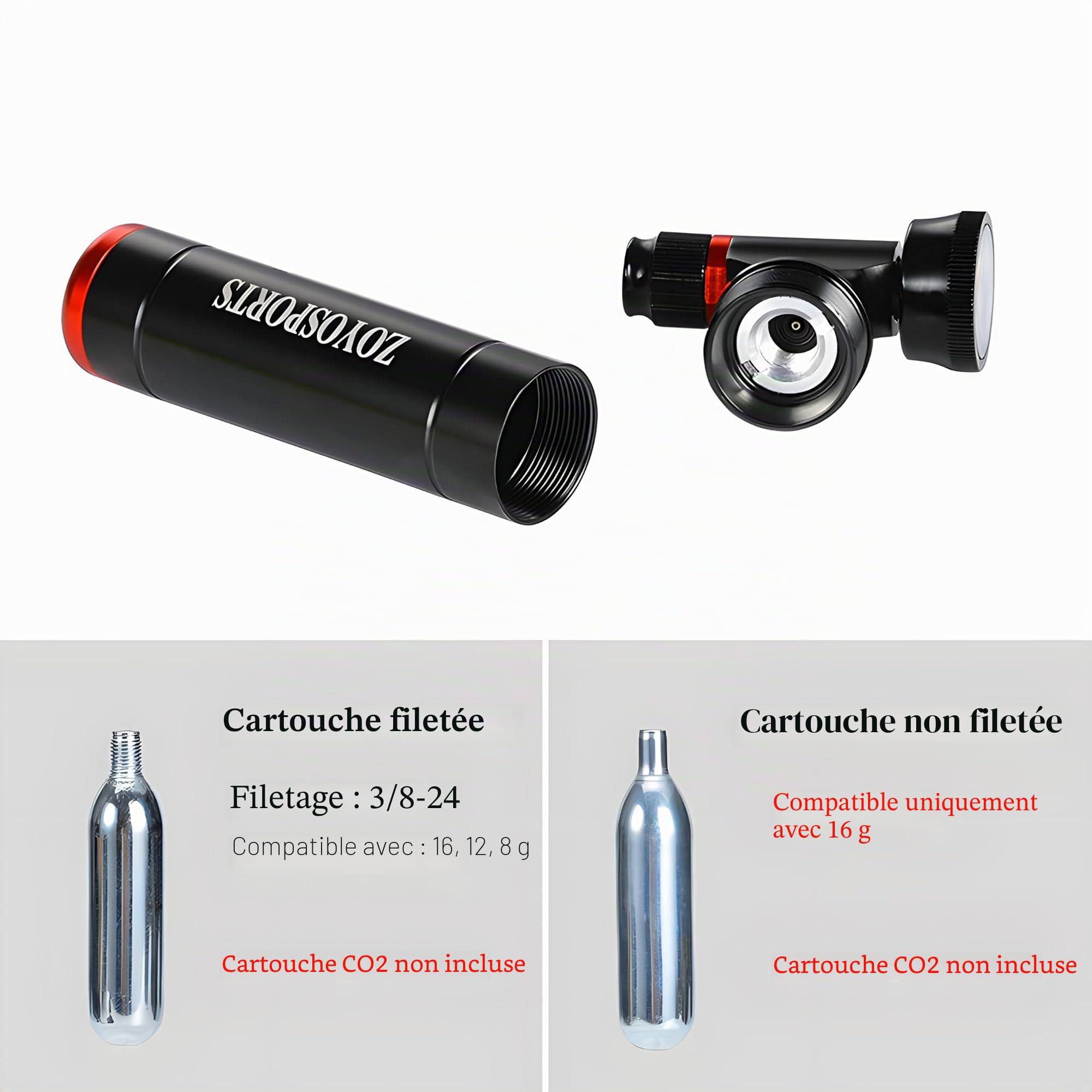 ZOYOSPORTS Pompe à CO2 à avec manomètre transparent en alliage d'aluminium pour vélo Mini Cyclisme Gonfleur de CO2