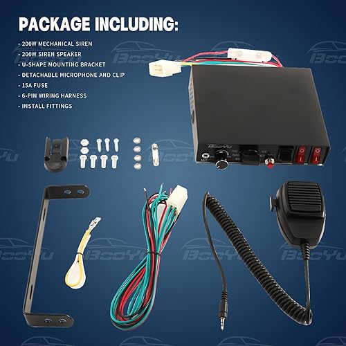 Miniatura 7 de BooYu Sirena de emergencia policial de 12 V 200 W para vehículos camiones, 9Tone Slim Speaker Horn Alarm PA System [micrófono de mano] [2
