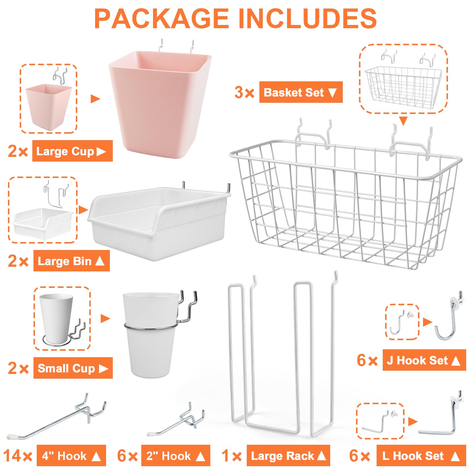 Organizadores de cestas de tablero perforado, cestas grandes, ganchos, cubos, tazas, organizador de herramientas, juego de 42 unidades, accesorios para colgar en la pared, accesorios para