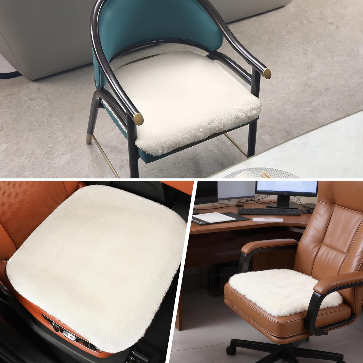 Faux Fur Car Seat Cushion 20 Inch, 18mm Medium Pile Seat Pad with Non-Slip TPE Backing for Cars, SUVs, Trucks, Office Chairs, White