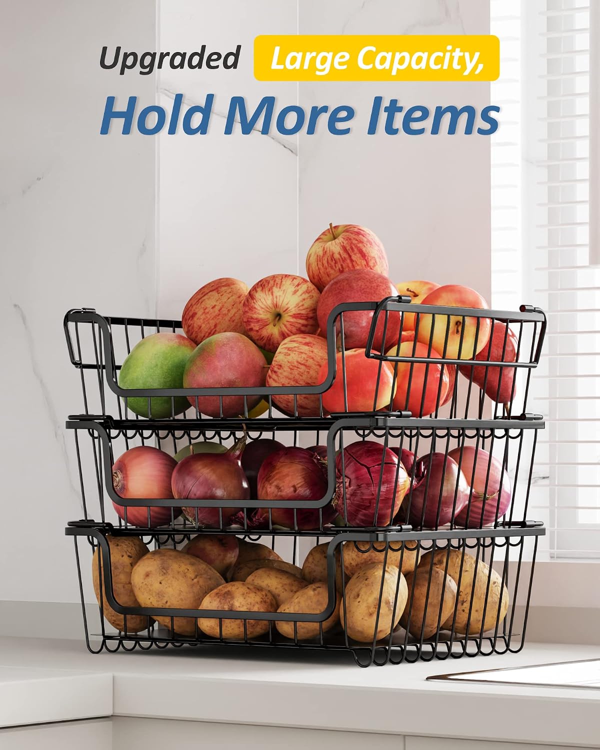 Pantry Storage, Cambond 3 Pack Large Pantry Baskets with Mats and Handles, Stackable Potato and Onions Storage Wire Baskets Bins for Kitchen Pantry, Black