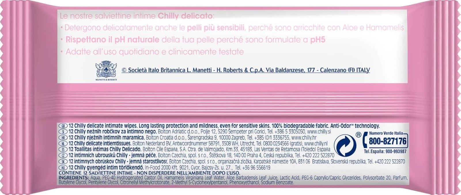 Chilly Salviettine Delicate, Salviette per l'Igiene Intima, Azione Delicata, Tessuto 100 % Biodegradabile, Ottimi Fuori Casa, PH 5 Delicato, Clinicamente Testato, 1 Confezione da 12 Salviettine
