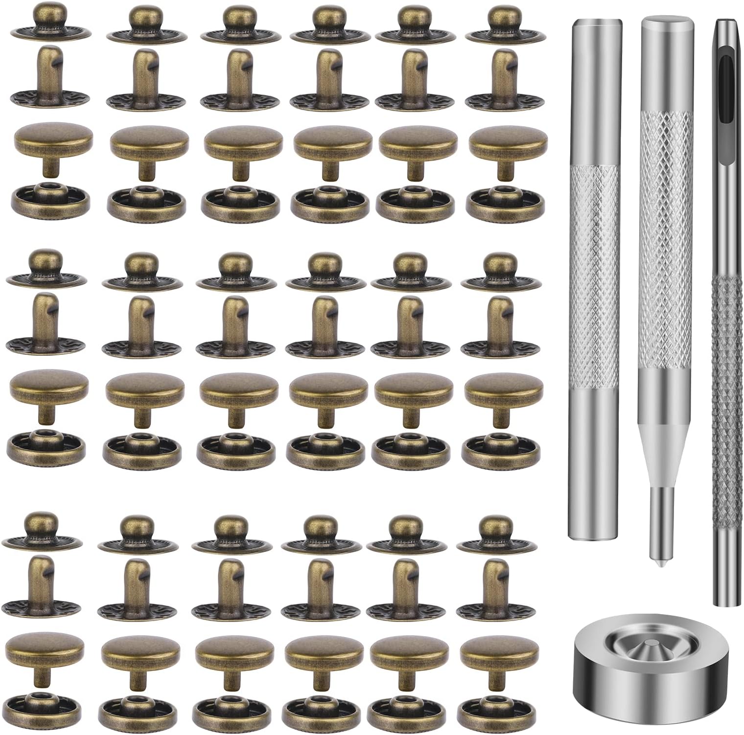 TLKKUE 50 Sets Leather Snap Fasteners Kit 10mm Bronze Metal Snap Buttons kit Stainless Steel with 4pcs Snap Fastener Installation Tools for Sewing Clothing, Bracelets, Jackets, Bags Belt, DIY Crafts