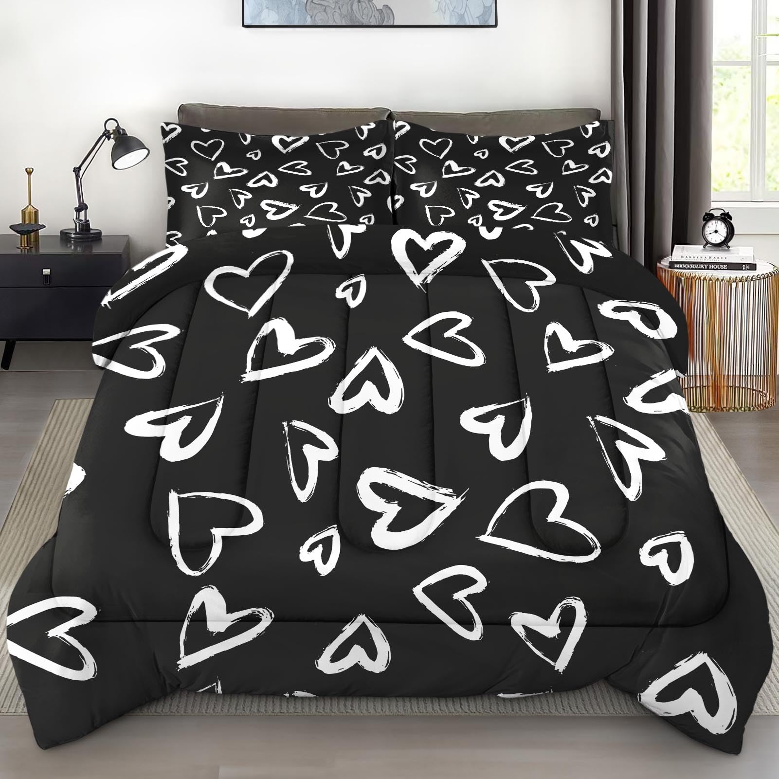 Comforter Set Full Size, Love Valentine Cute Soft 3 Pcs Bedding for Kids and Adults, Polka Heart Black White Comforter Set with 2 Pillowcases, for Bedroom Bed Decor
