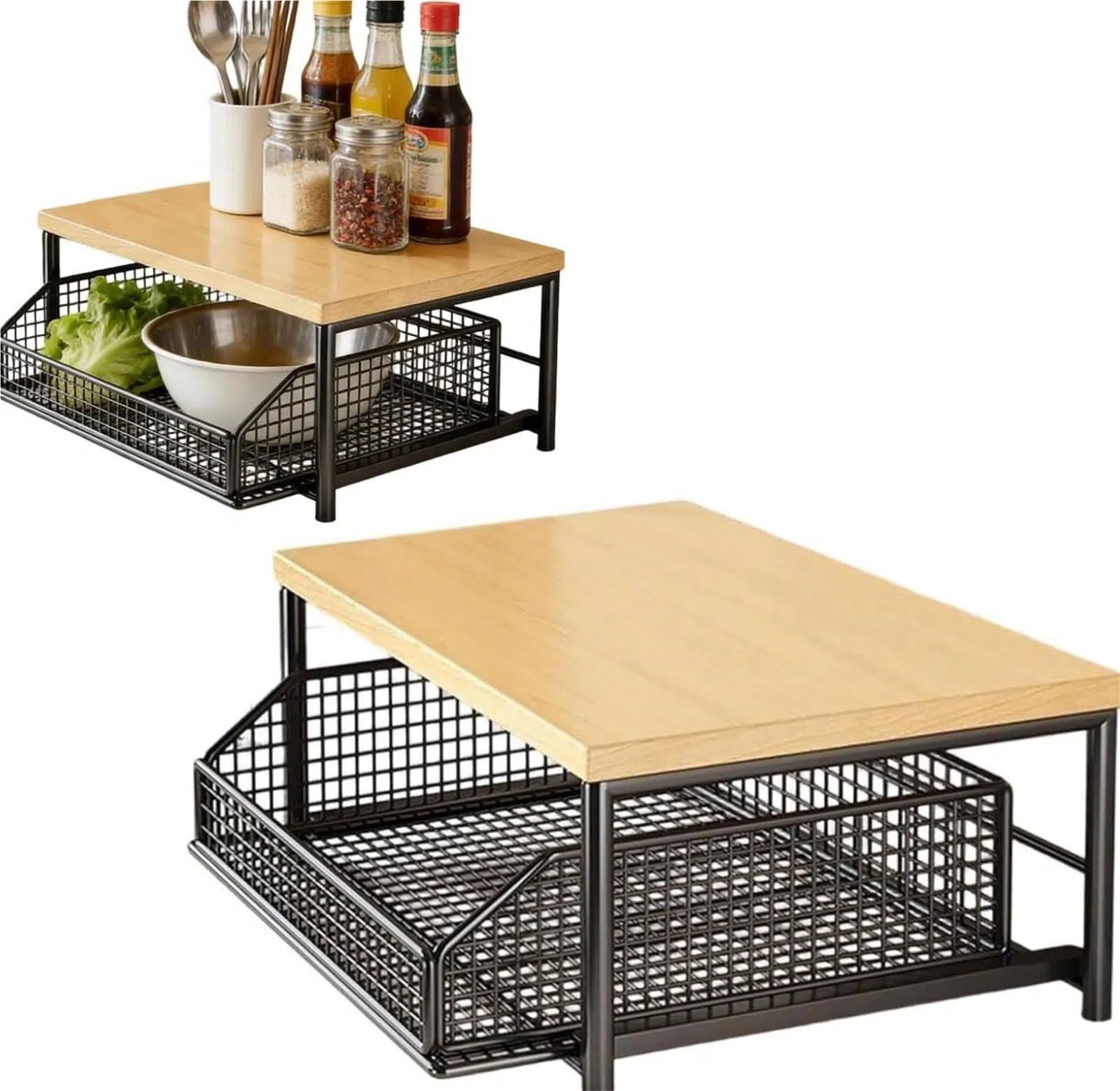 éTagèRe De Rangement pour Plan De Travail Organisateur de comptoir Cuisine avec tiroir et Panier métallique, ustensiles