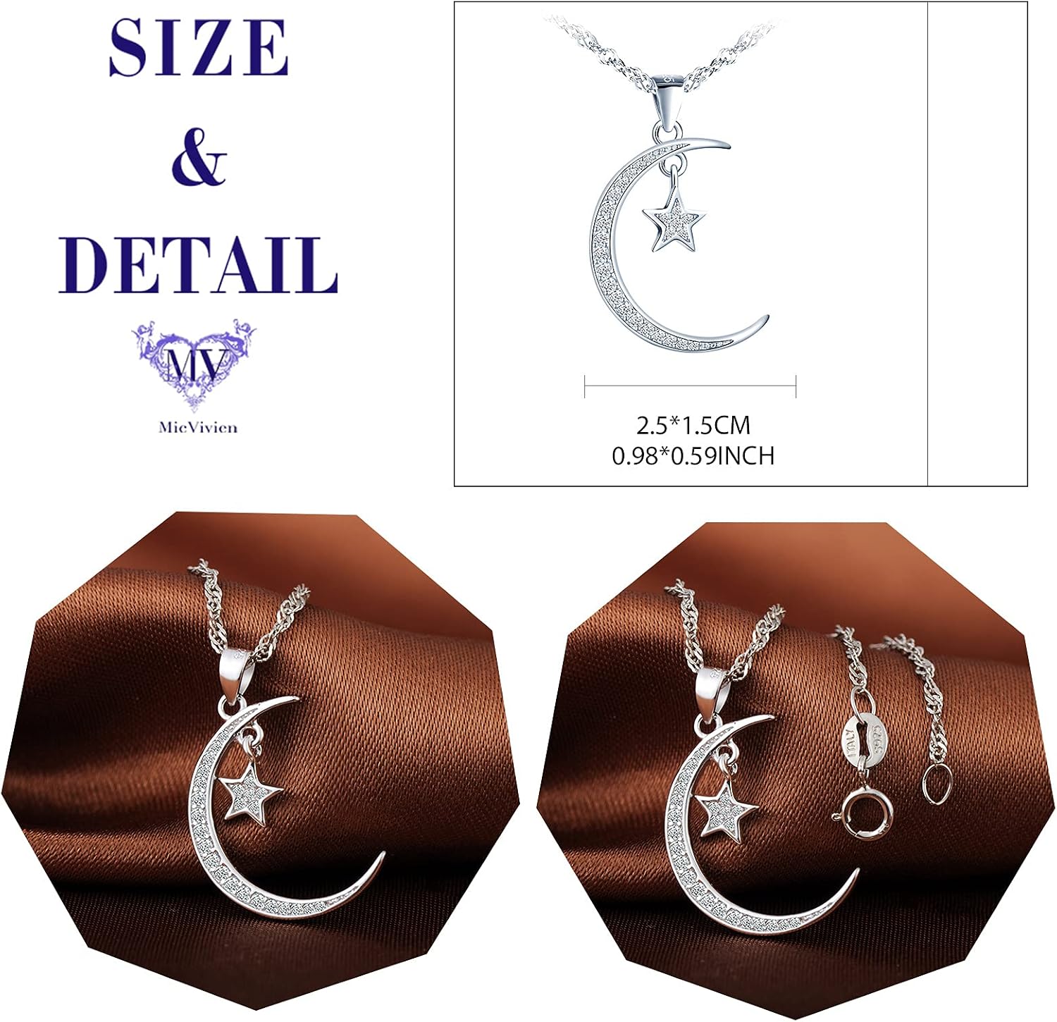 MicVivien Women Necklace Sterling Silver 925 Moon and Star Pendant Necklace with Sparkle Cubic Zirconia Jewellery for Mum Wife Girlfriend - Image 3
