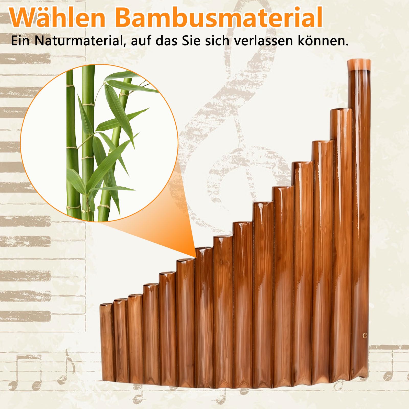 Panflöte 15 Pfeifen, Instrument Aus Bambus, G-Ton, Rechte Hand | mit Umhängeband, Reinigungstuch, Reinigungsstift und Aufbewahrungsbeutel, für Anfänger, Musikinstrumente