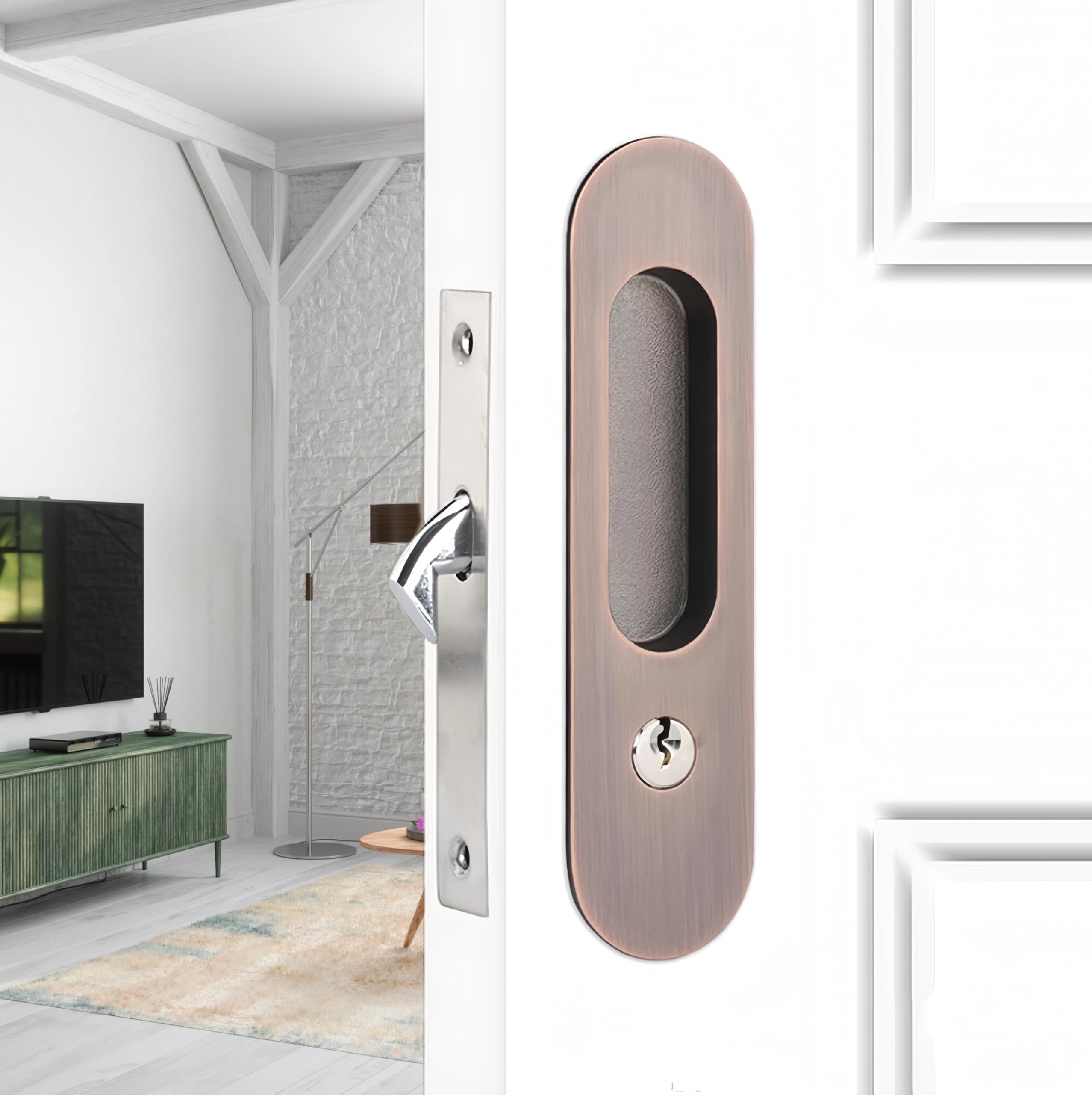 Sliding Pocket Door Lock,173mm Sliding Door Latch with Turn Knob for Interior Wooden Door,Invisible Recessed Door Handle with Key,Keyed Pocket Doors Mortise Lock (Red Bronze) - Image 2