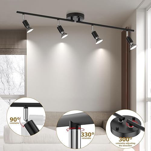 Miniatura 3 de HURYEE Luces de riel de techo, lámparas negras de 4 vías para cocina, pasillo, dormitorio, galería, lámpara de acento direccional, incluye 4