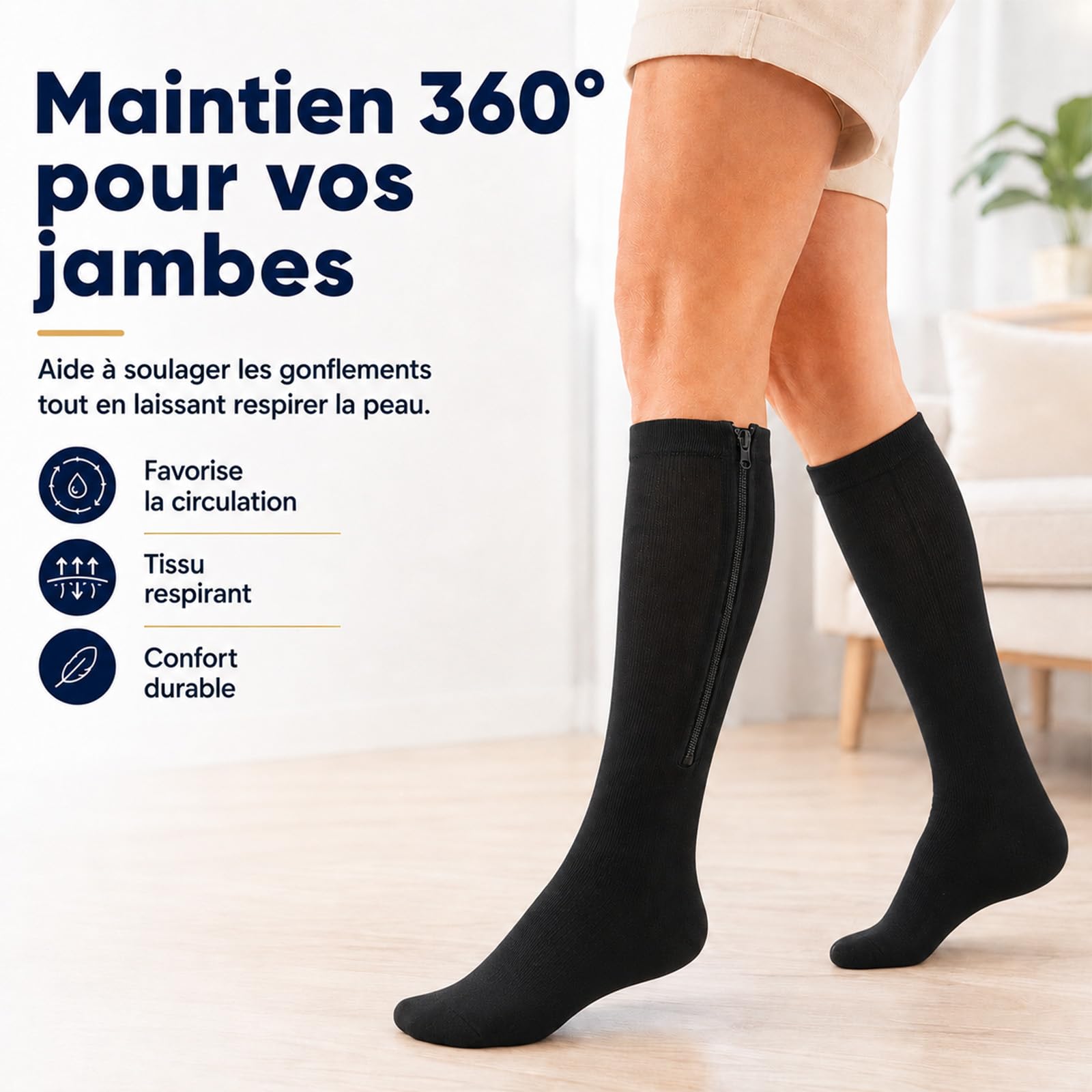 Bas De Contention Zippés - Assiva, Chaussettes De Compression Graduée 15-20 Mmhg, Fermeture Éclair Facile À Enfiler, Confort Toute La Journée, Anti-Fatigue Jambes