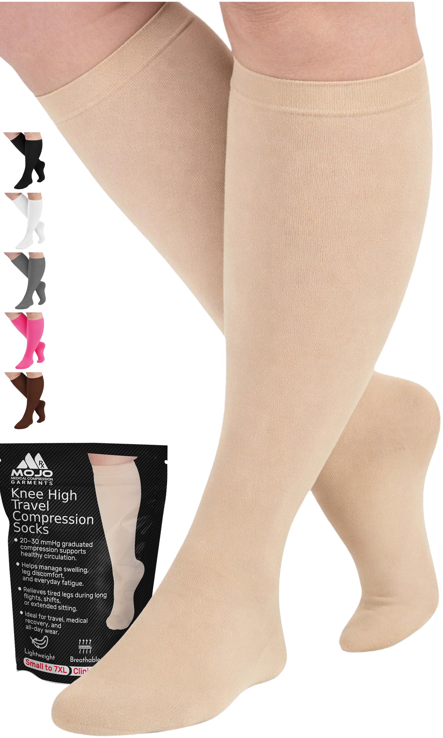 Travel Compression Socks 20-30mmHg Knee High – Graduated Compression Stockings for Men & Women Swollen Legs, DVT Prevention, Flight, Nursing & Everyday Support, Beige, Small