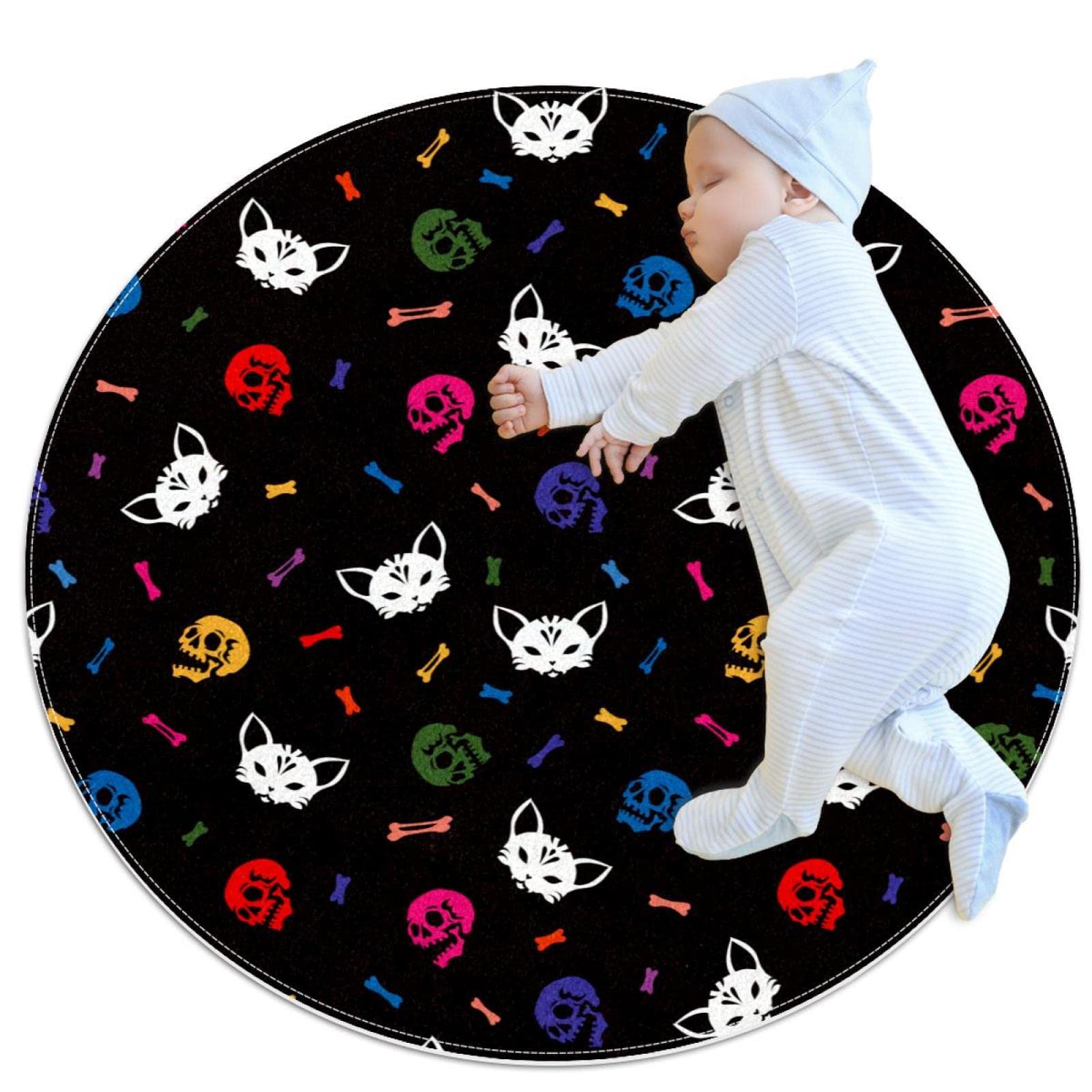 Tapis rond pour enfants JDEZ motif crânes et chat 80x80cm tapis de jeu pour chambre de garçon et fille
