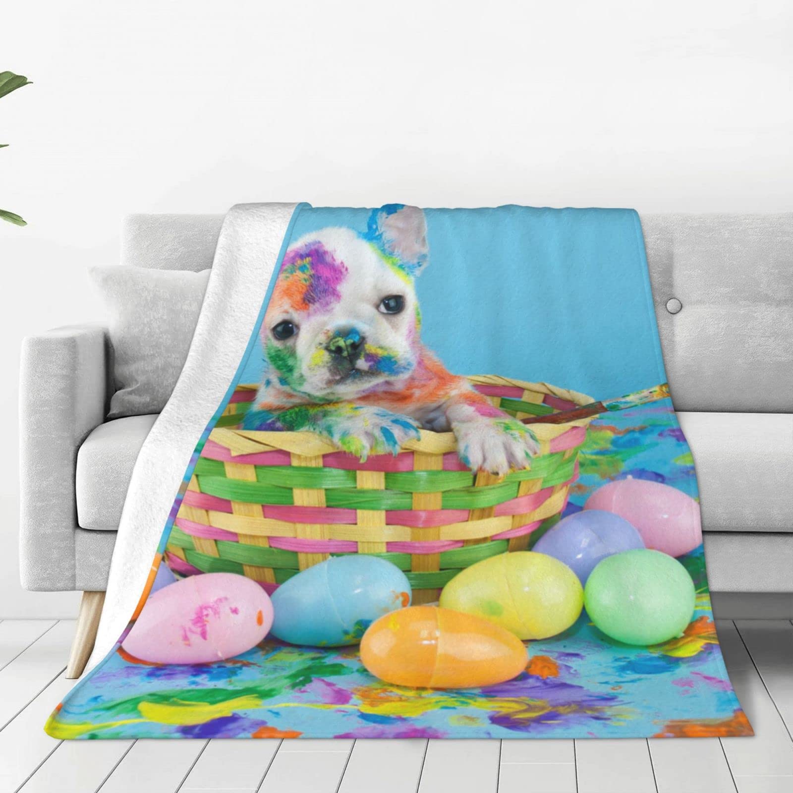 Lsjuee Throw Blanket Painted Easter Bulldog Puppy Warm Cozy Soft Lightweight Flannel Fleece Blanket for Bedroom Sofa Room Home Decorative Fuzzy Blanket 40"x30"