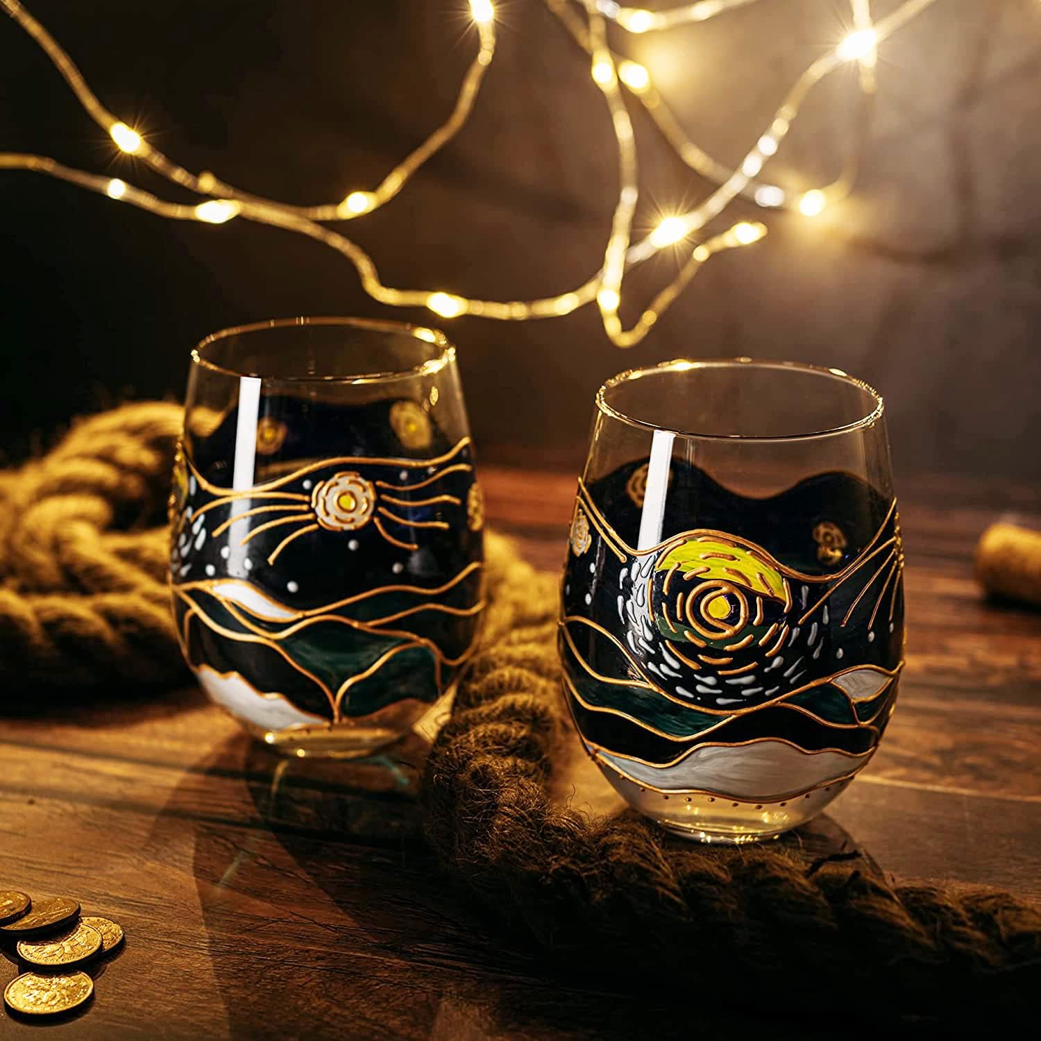Vincent Van Gogh Artisanal Hand Painted Wine Glasses, Stemless Set of 2 Tumblers - Artistic Gift Idea for Her, Him, Birthday, Housewarming - Extra Large Goblets (18.5 OZ) - Gifts for Artists & Friends - Image 5