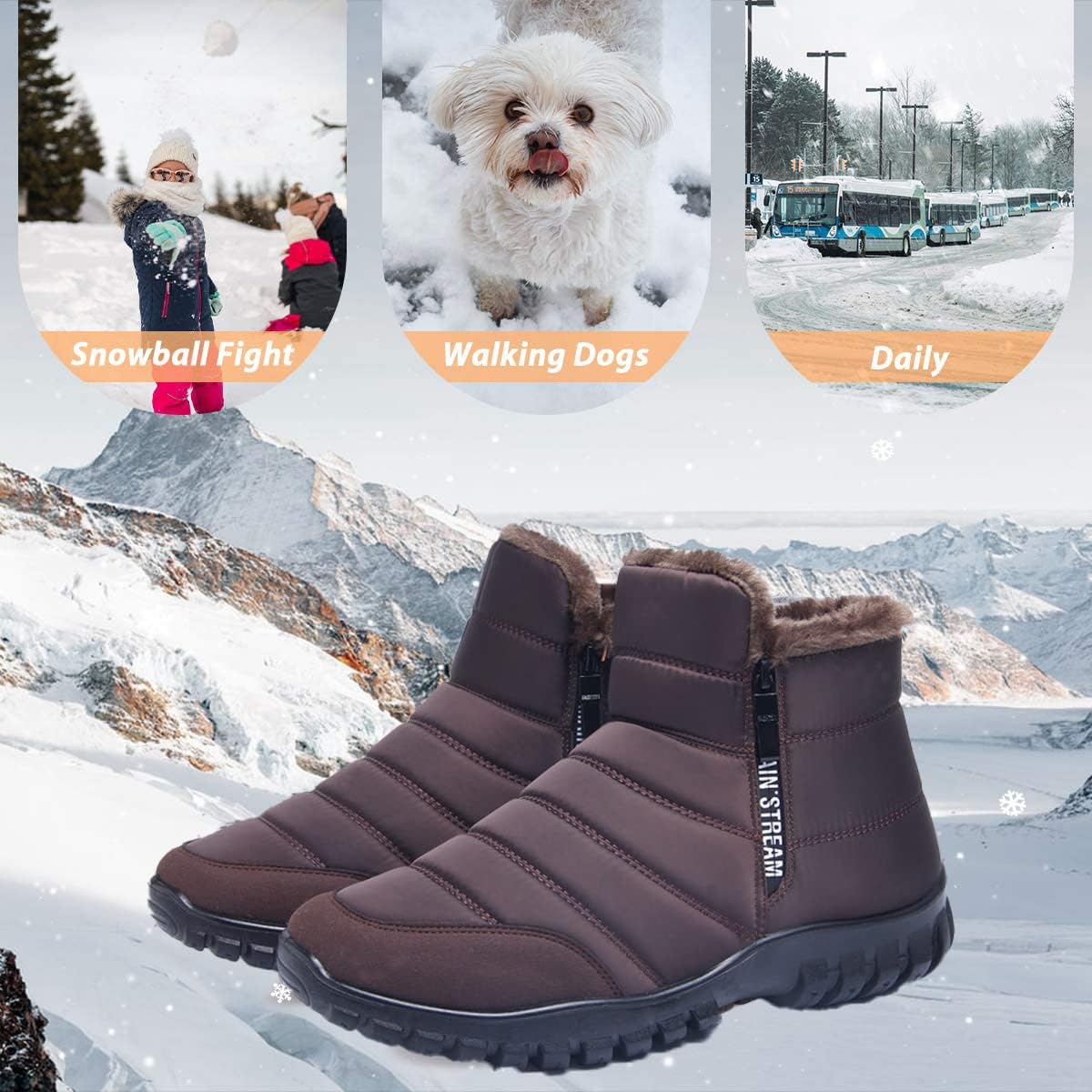 Men's Waterproof Warm Zipper Snow Ankle Boot,Winter Comfy Velvet Boots Lined Slip On Causal Walking Cotton Shoes Snow Boots