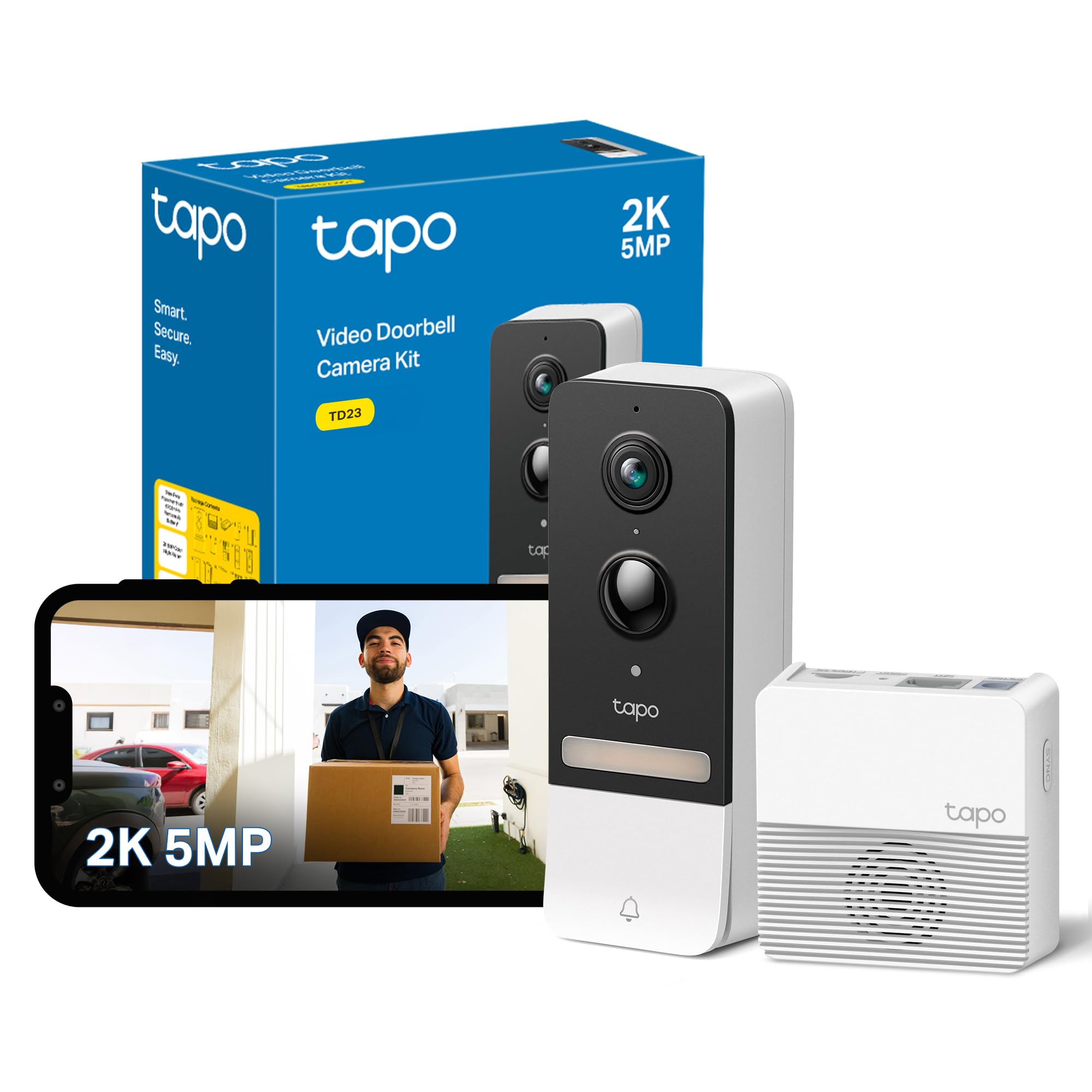 Tapo TD23 2K 5MP Video Doorbell Camera, Wireless, No Monthly Fee, 160°, 2 Way Audio, Long Battery Life, Ring Chime Included, Colour Night, IP54, App Control, Alexa/Google, Outdoor