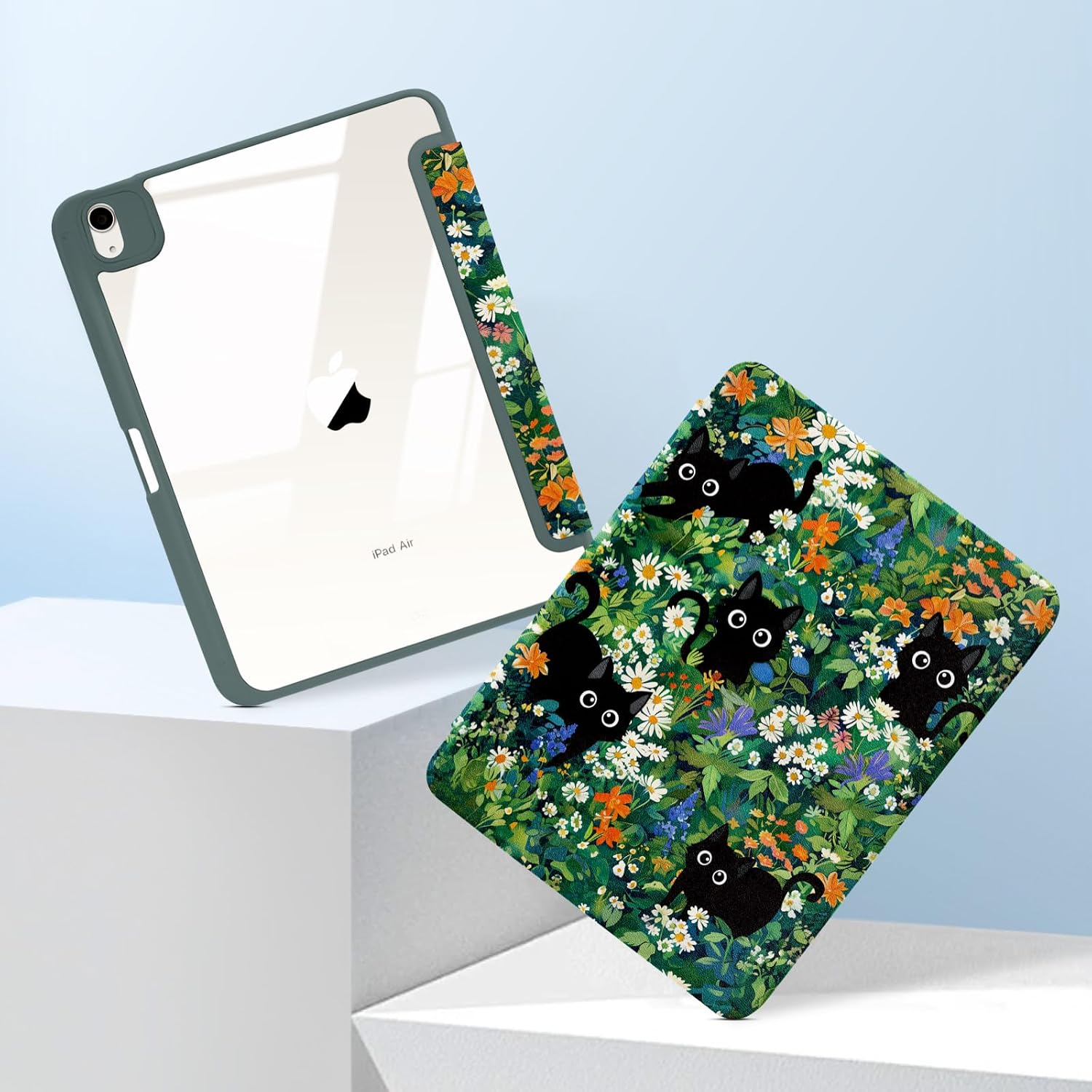 MrARTIST for iPad Air 13 Inch case M3/M2 - for iPad Pro 12.9 Case Cute Women Girls Girly Kawaii Aesthetic Kawaii Flowers Design for Apple Tablet Cover Pencil Holder for Air 13, Pro 12.9, Cat Garden