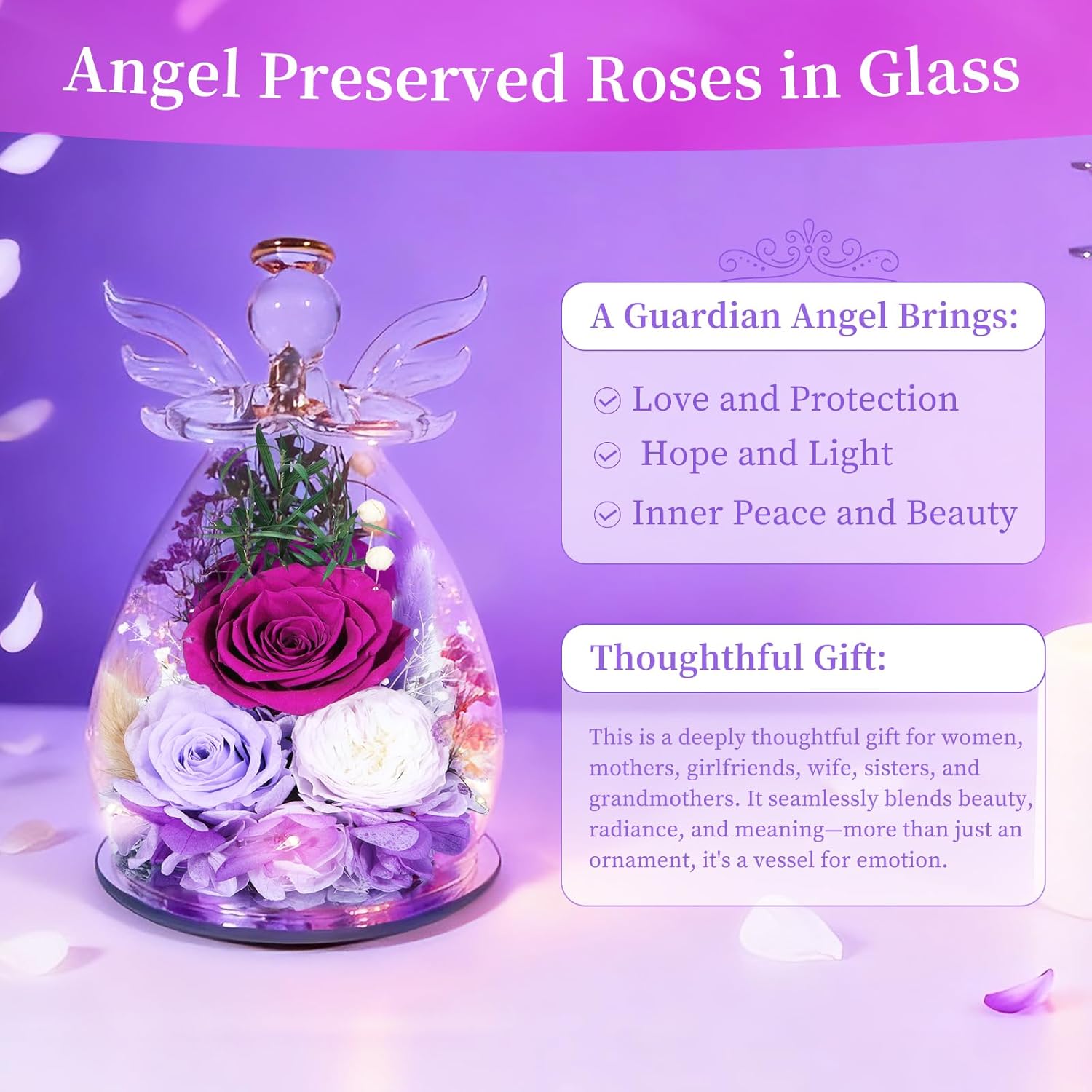 Gifts for Women Preserved Rose Forever Flower Eternal Roses in Glass Angel Figurines Fresh Flowers for Delivery Prime Christmas Birthday Gift for Mom Her Wife Grandma on Valentines Day Anniversary - Image 6