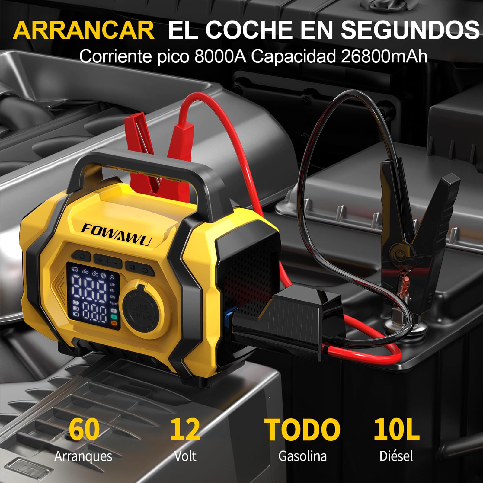 FOWAWU Arrancador de Baterias con Compresor de Aire 9 en 1, Arrancador de Baterias 8000A 26800mAh(hasta All Gasolina/10 L Diesel), Compresor Aire 150psi Parada Automática