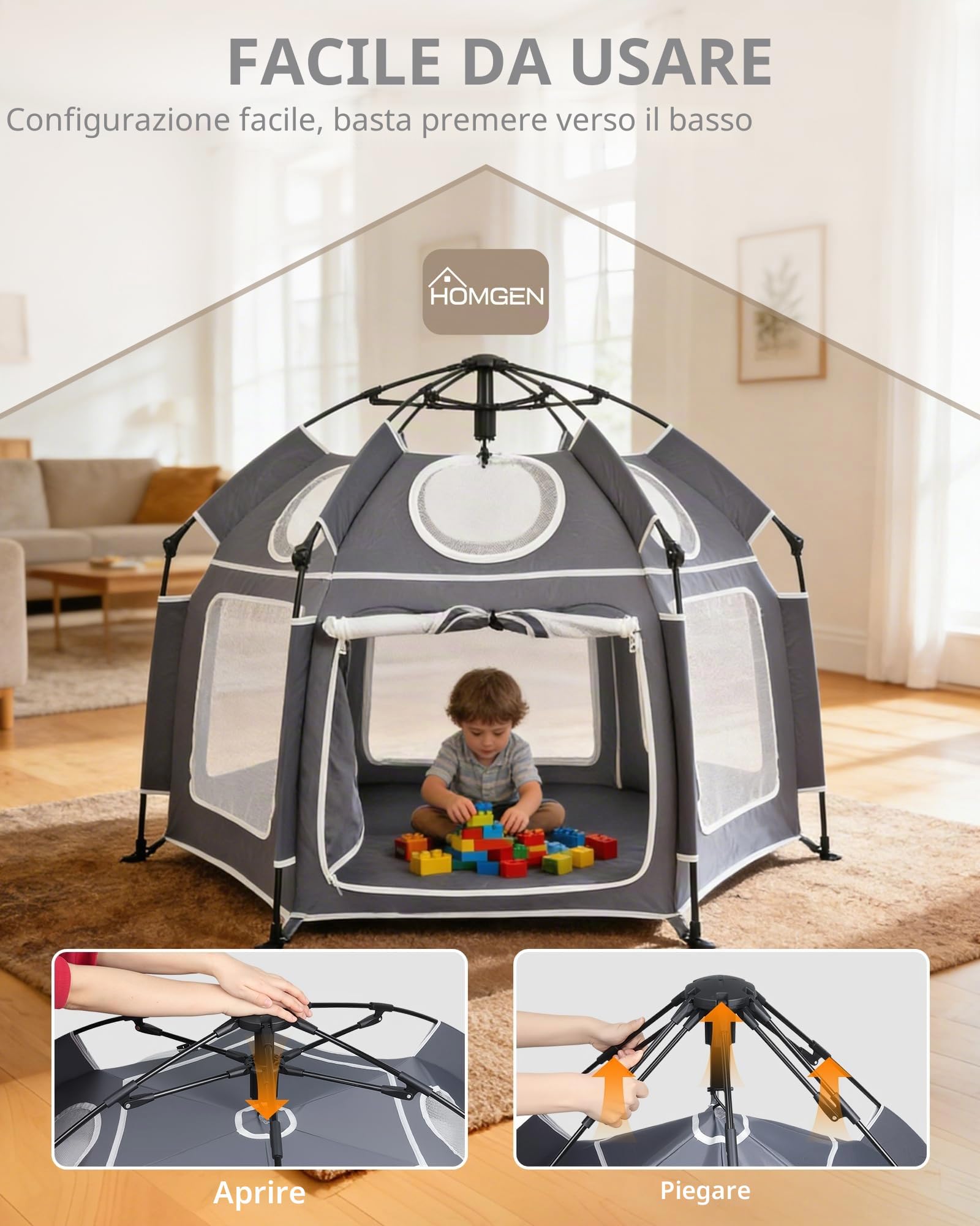 HOMGEN Box Pieghevole POP-UP 150x110 cm con Copertura UV Rimovibile in Tessuto Oxford 210D Box da Esterno per Bambini Portatile in Rete per Spiaggia, Parco e Casa