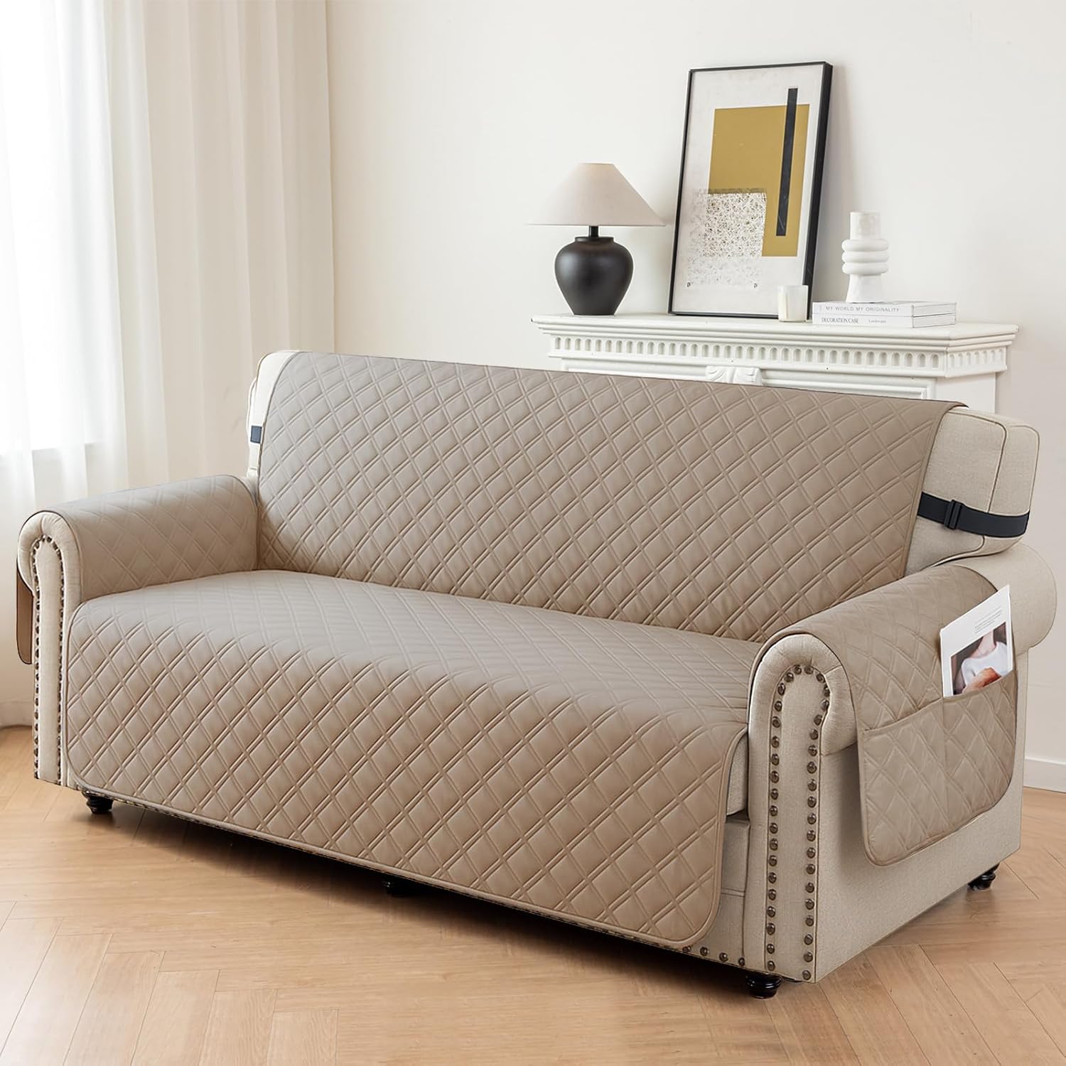 Waterproof Loveseat Covers for 2 Cushion Couch, Sofa Covers for Pets Washable with Side Pockets, Non Slip Couch Covers for Dogs, Dog Couch Cover with Elastic Straps (Loveseat, Light Brown)