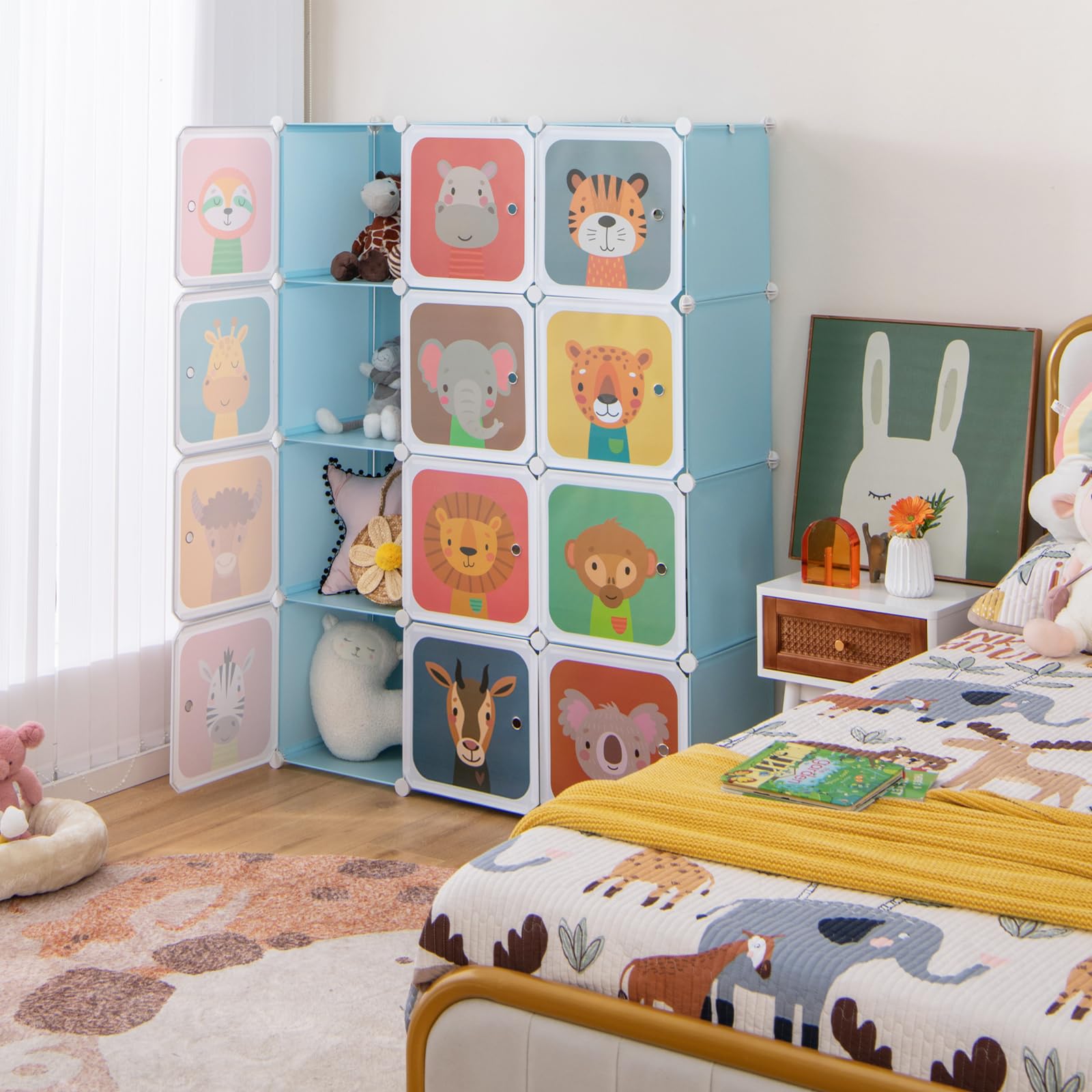 COSTWAY Meuble Rangement Enfant 12 Cubes avec Motif d'animaux, Armoire Modulable avec Portes & Poteau de Suspension, Charge 10kg pour Vêtements Chaussures Jouets, 109 x 35 x 145 cm