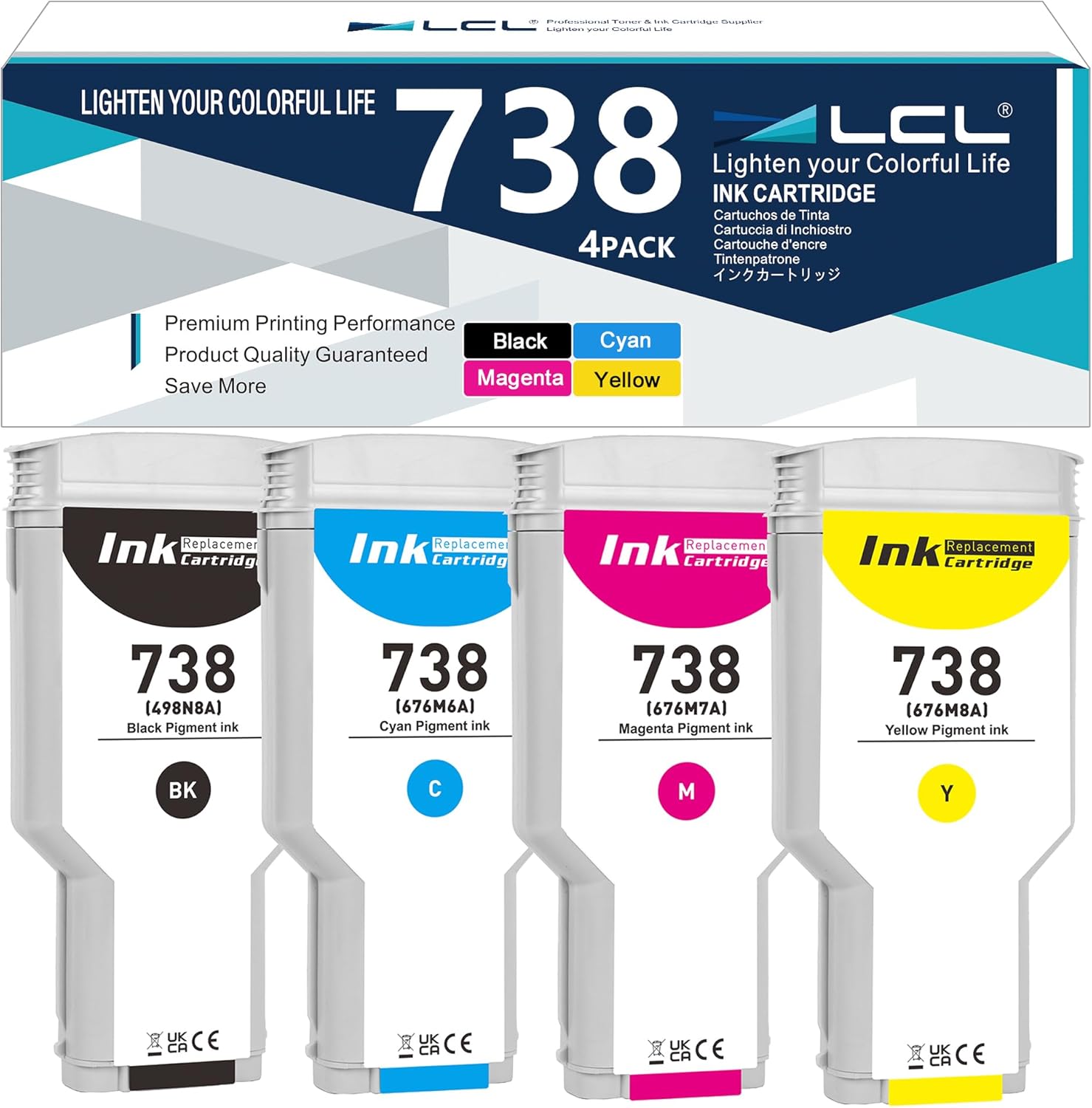 LCL 738 738XL Ink Cartridges 300ML 4-Pack Replacement for HP 738 Ink Compatible with HP DesignJet T850 T950 Wide Format Printer (BK/C/M/Y)