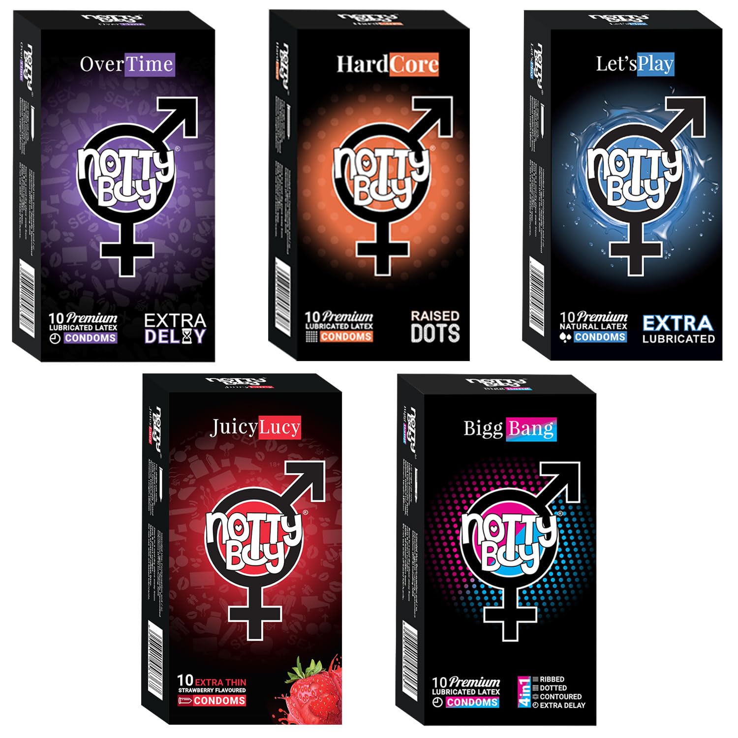 NOTTY BOY Combo Pack Condoms | Raised Dots, Delay, Extra Lubricated, Strawberry Flavoured And 4-In-1 Ribbed, Dotted, Extra Time, Contoured Multi Textured Condom - 50 Pieces-image-15