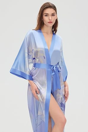 PRODESIGN Kimono Robes for Women - Long Satin Sleepwear Silky Nightgown Bathrobe Floral Dressing Gown Blouse Wedding Robe