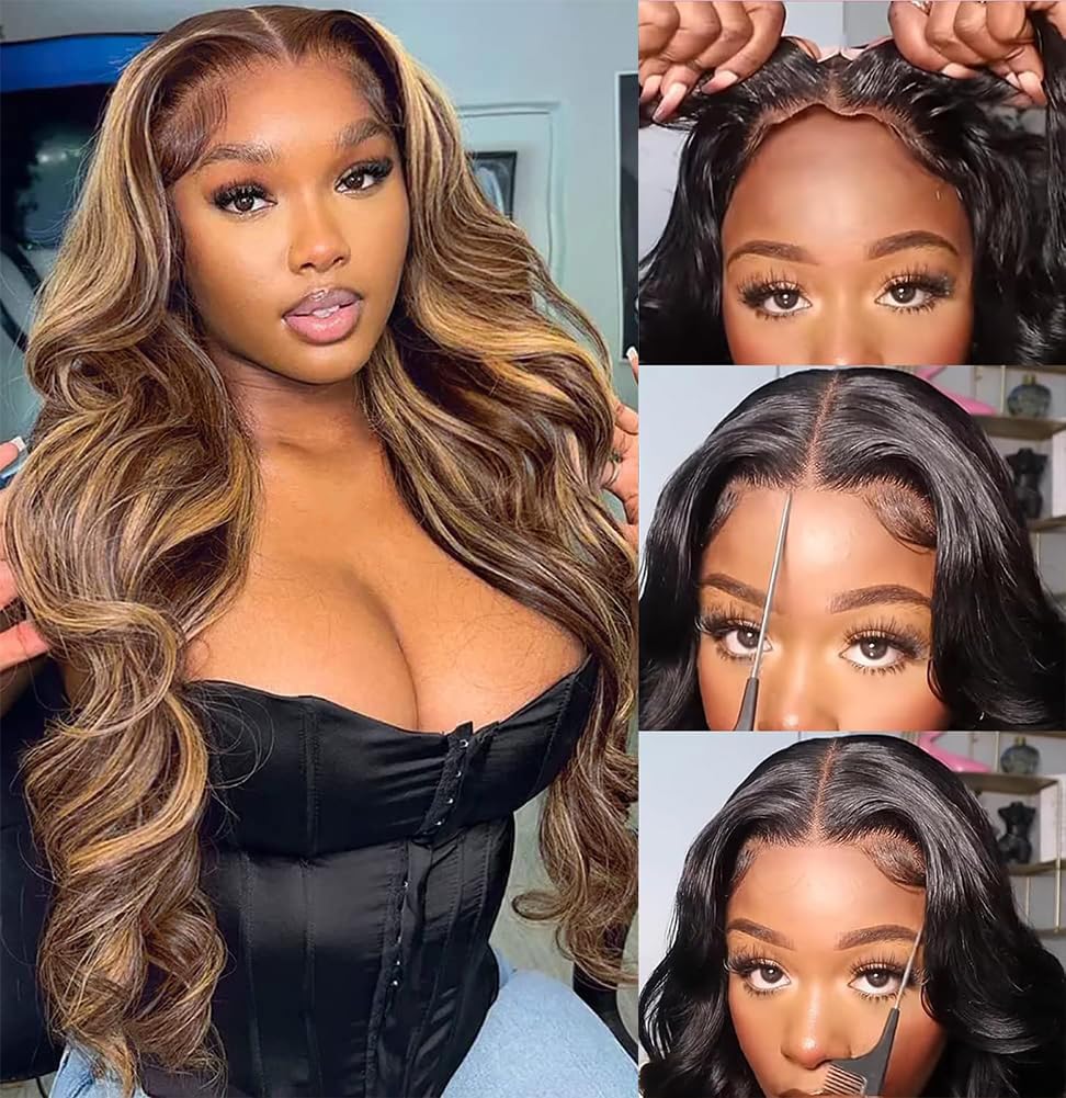 Highlight Human Hair Wig Pre Cut 6x4 Transparent hd Lace Body Wave Human Hair Wig 200% Density 26 Inch Ombre Lace Front Wig Beginner Friendly Wear And Go Glueless Honey Blonde