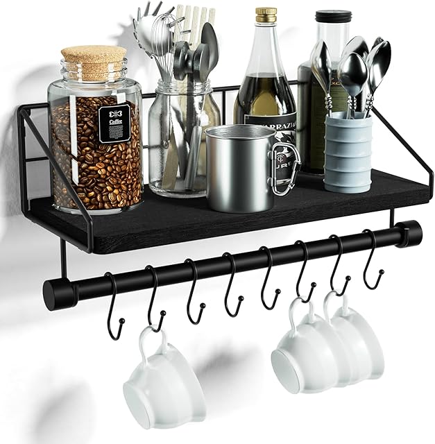 Alsonerbay Kitchen Shelf Wall Mounted Floating Shelf Wood Floating Wall Shelves with Hooks Rustic Shelf with Towel Bar for Bathroom, Bedroom, Living Room Black