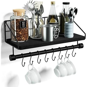 Alsonerbay Wall Shelf Kitchen Floating Shelf Kitchen Shelf Wall with 8 Removable Hooks and Towel Holder Spice Rack for Kitchen Living Room Bathroom Black