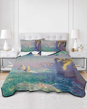 Twin XL Size Quilt Bedding Set, Coastal Nautical Lightweight Soft Quilts Comforter, Summer Ocean Oil Painting Waves Teal Quilted Bedspread with 2 Pillow Covers for All Season 68" x 98"