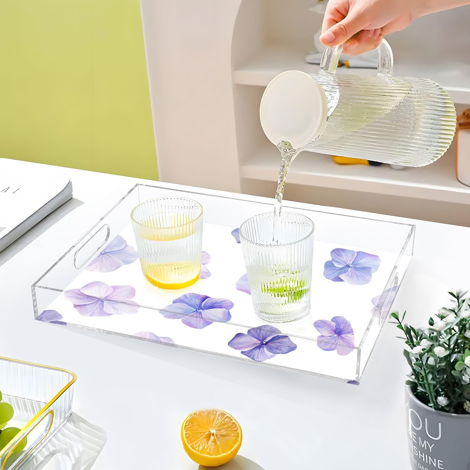 Bandeja de acrílico transparente para servir con asas, bandeja de desayuno de 12 x 16 pulgadas, bandeja de desayuno acrílica azul con flores de hortensias, acuarela, a prueba de derrames, bandeja de