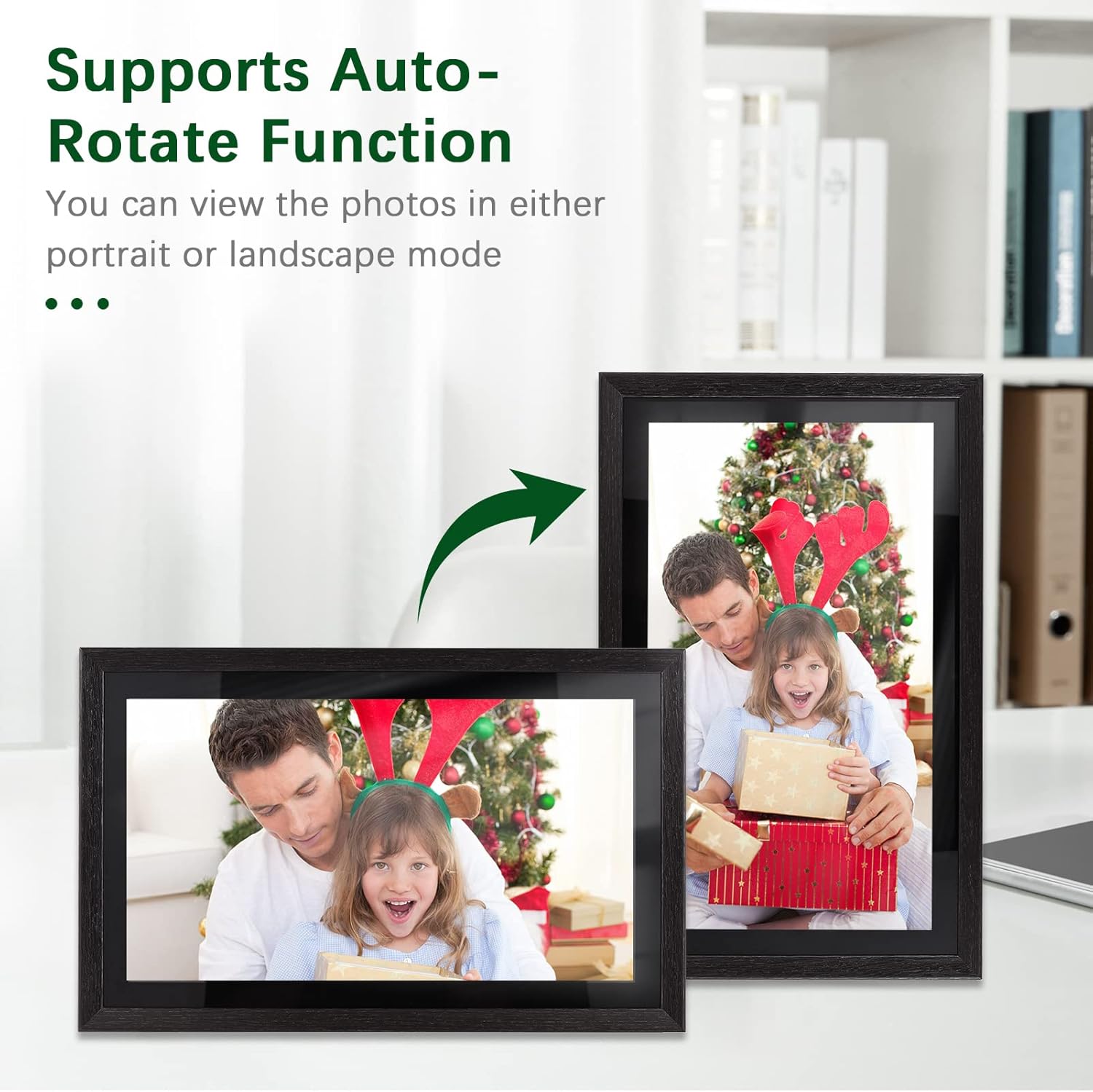 The digital photo frame shown displaying a photo in landscape mode, then rotating to display the same photo in portrait mode, illustrating the auto-rotate function.