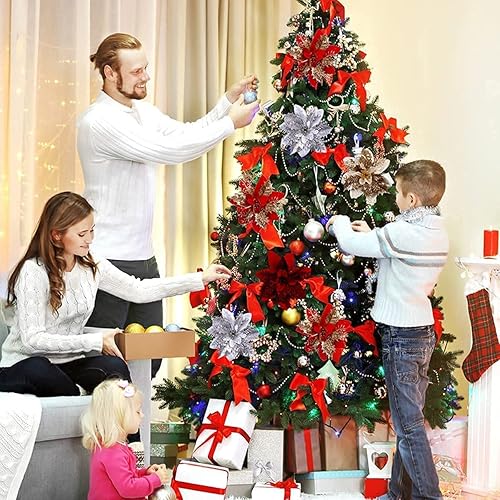 Miniatura 3 de 32 piezas de flores artificiales de Navidad para decoración de árbol de Navidad corona de flores rojas y doradas purpurina plateada con clips
