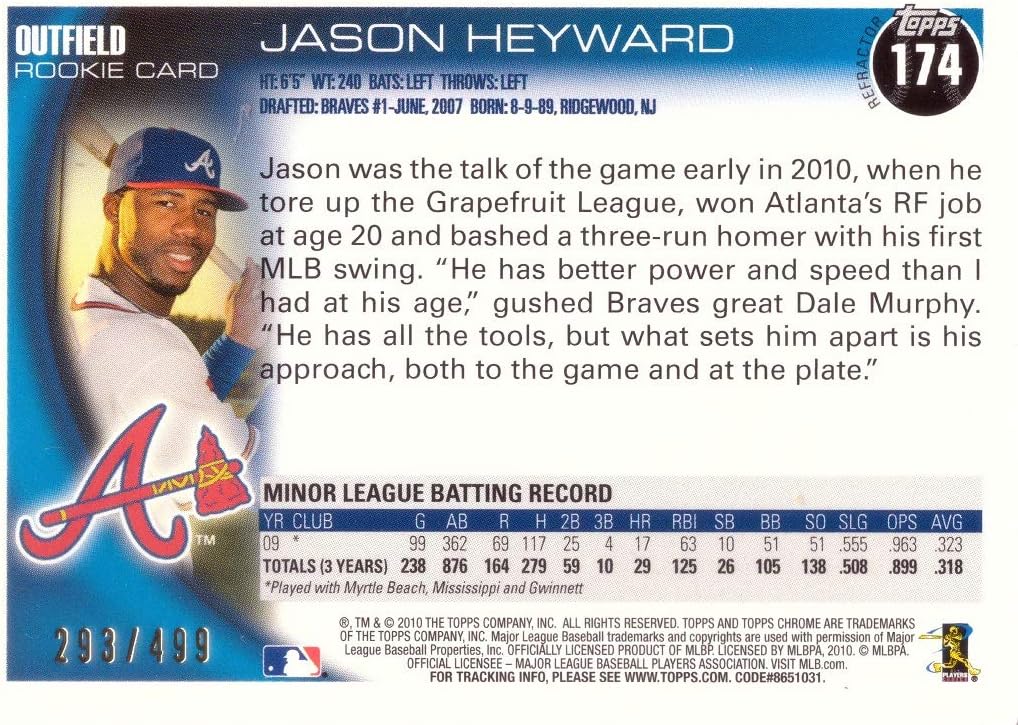 2010 Topps Chrome Refractor Baseball #174 Jason Heyward Certified Autograph Rookie Card - Only 499 made!