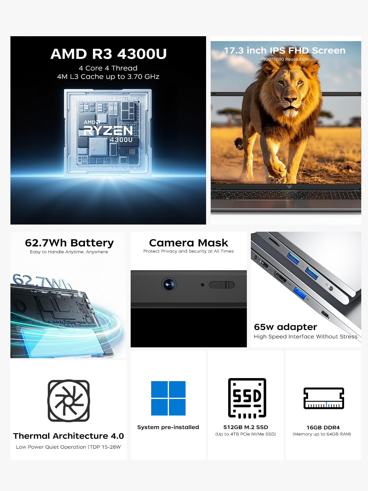 17.3 inch Laptop with Quad-Core Ryzen 4300U Processor up to 3.70GHz (Beat N150/N97) 16GB RAM DDR4*2 + 512GB M.2 SSD Computer, WiFi 5, BT5.2, USB3.2, HDMI, Type-C,1080 FHD, 62.7Wh Long-Battery - 3