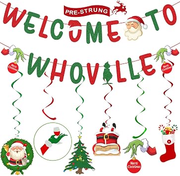 Glittery Welcome to Whoville Banner, Hanging Swirls with Christmas Ornaments for Christmas Party Decorations