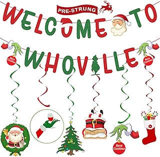 Christmas Decorations â€“ Glittery Welcome To Whoville Banner, Hanging Swirls with Christmas Ornaments for Christmas Decorations Indoor Outdoor, Christmas Decor, Christmas Party Decorations