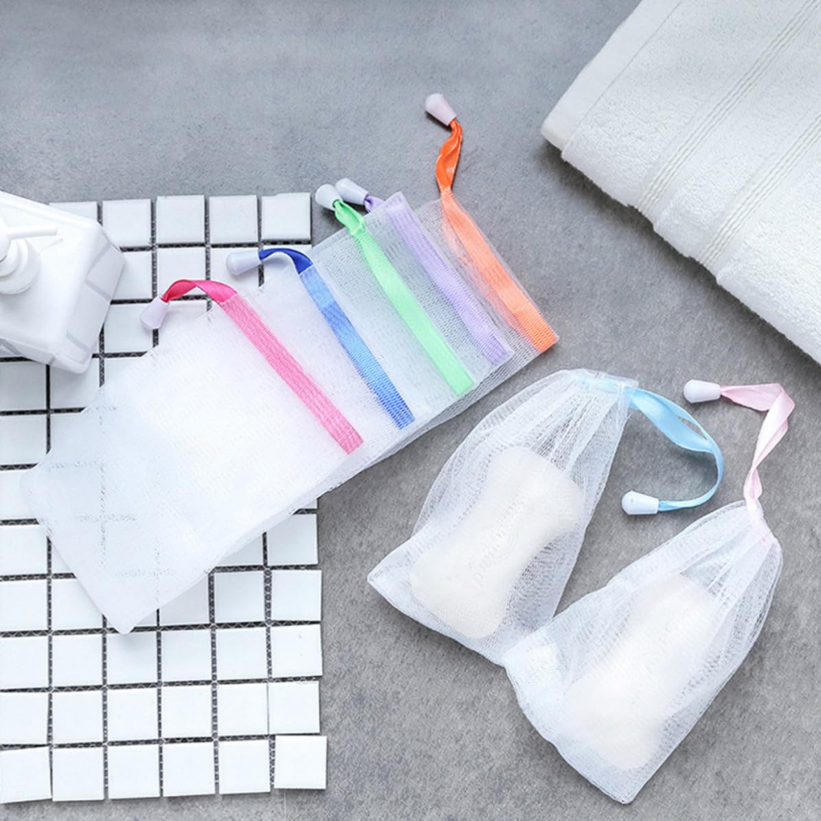Luxshiny 50pcs Soap Saver Pouch Mesh Bags with Drawstring Closure Pe Material round Foaming Net for Bar Soap for Bath and Facial Cleansing