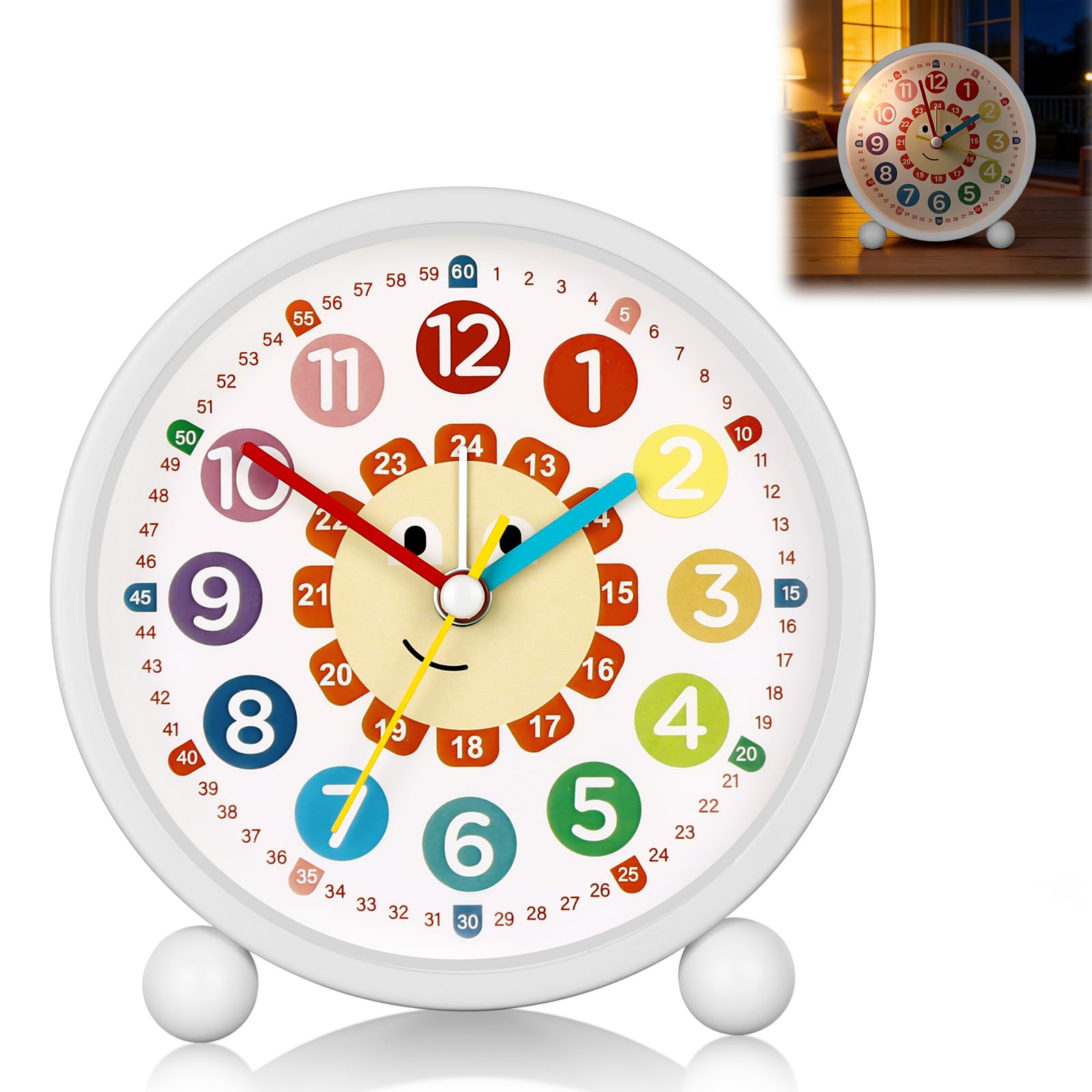Réveil Enfant Silencieux sans Tic-Tac Analogique Horloge de Table avec Lumière de Nuit Piles Blanc