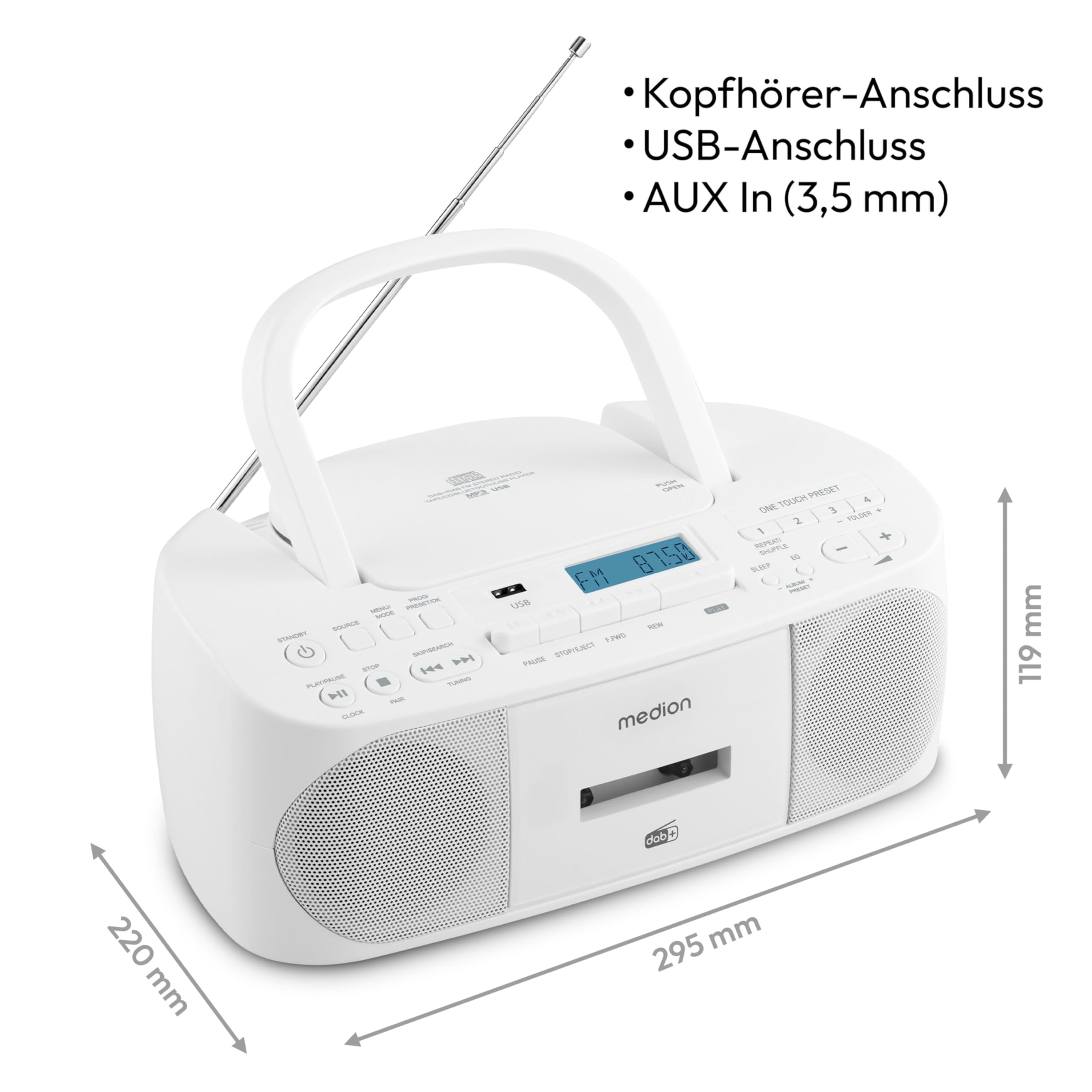 MEDION DRX-1 Plus Boombox (tragbares DAB+ UKW Radio, Bluetooth, CD-Player, MP3, Kassette, Kopfhöreranschluss, Stereo Sound System, AUX, Netz & Batterie) weiß